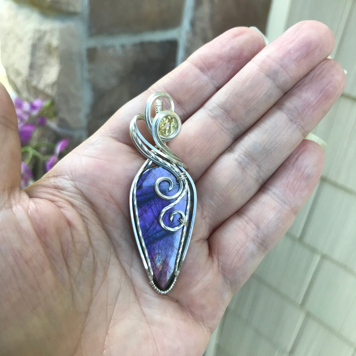 Purple Labradorite & Lemon Quartz Teardrop Silver Necklace