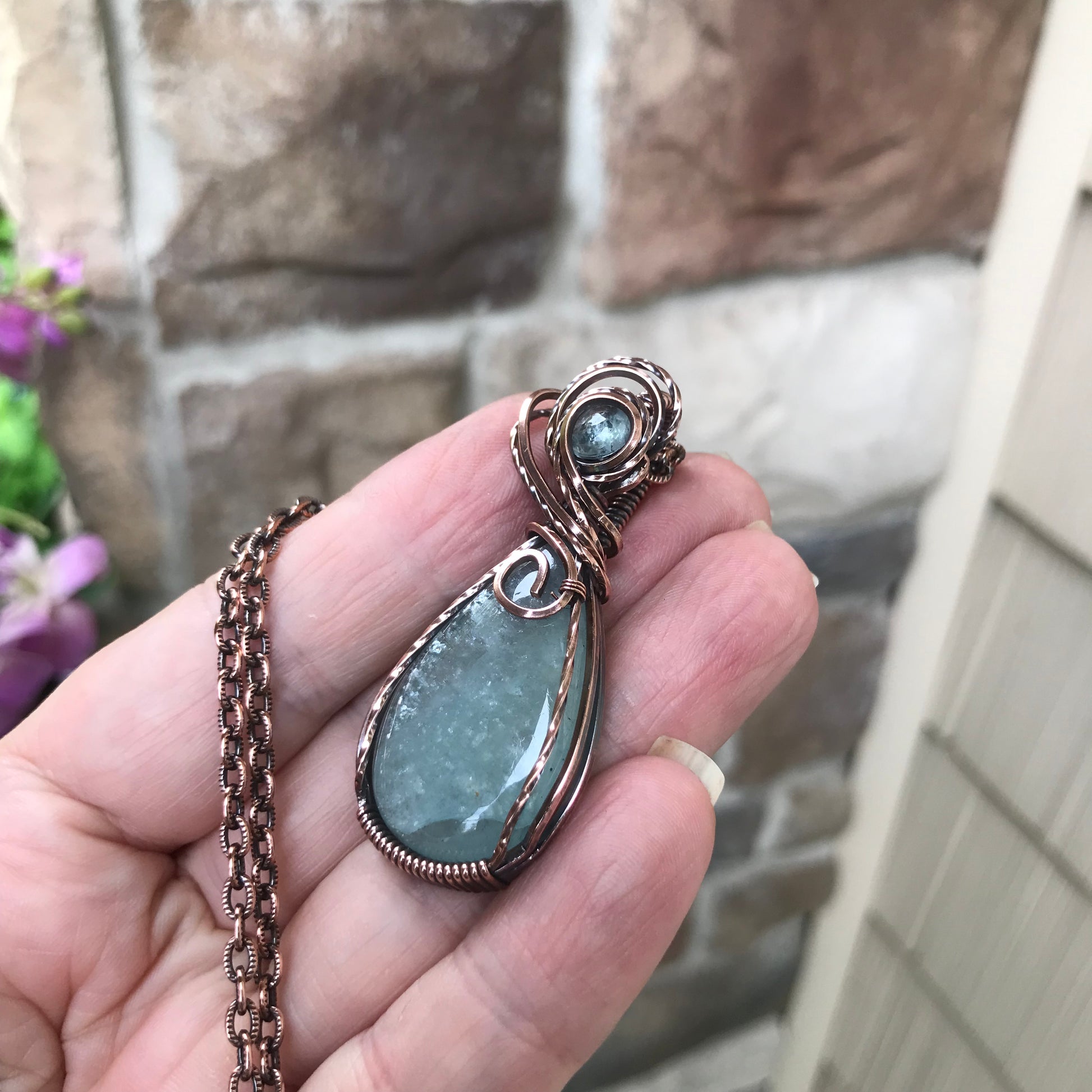 Aquamarine Swirly Teardrop Copper Pendant