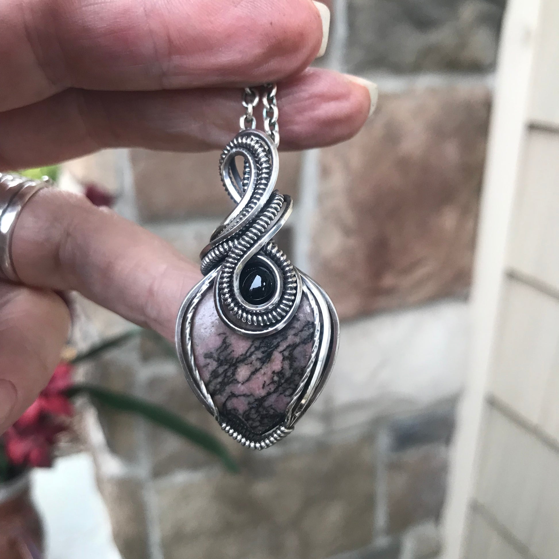 Custom Listing - Rhodonite & Black Onyx Sterling Silver Necklace