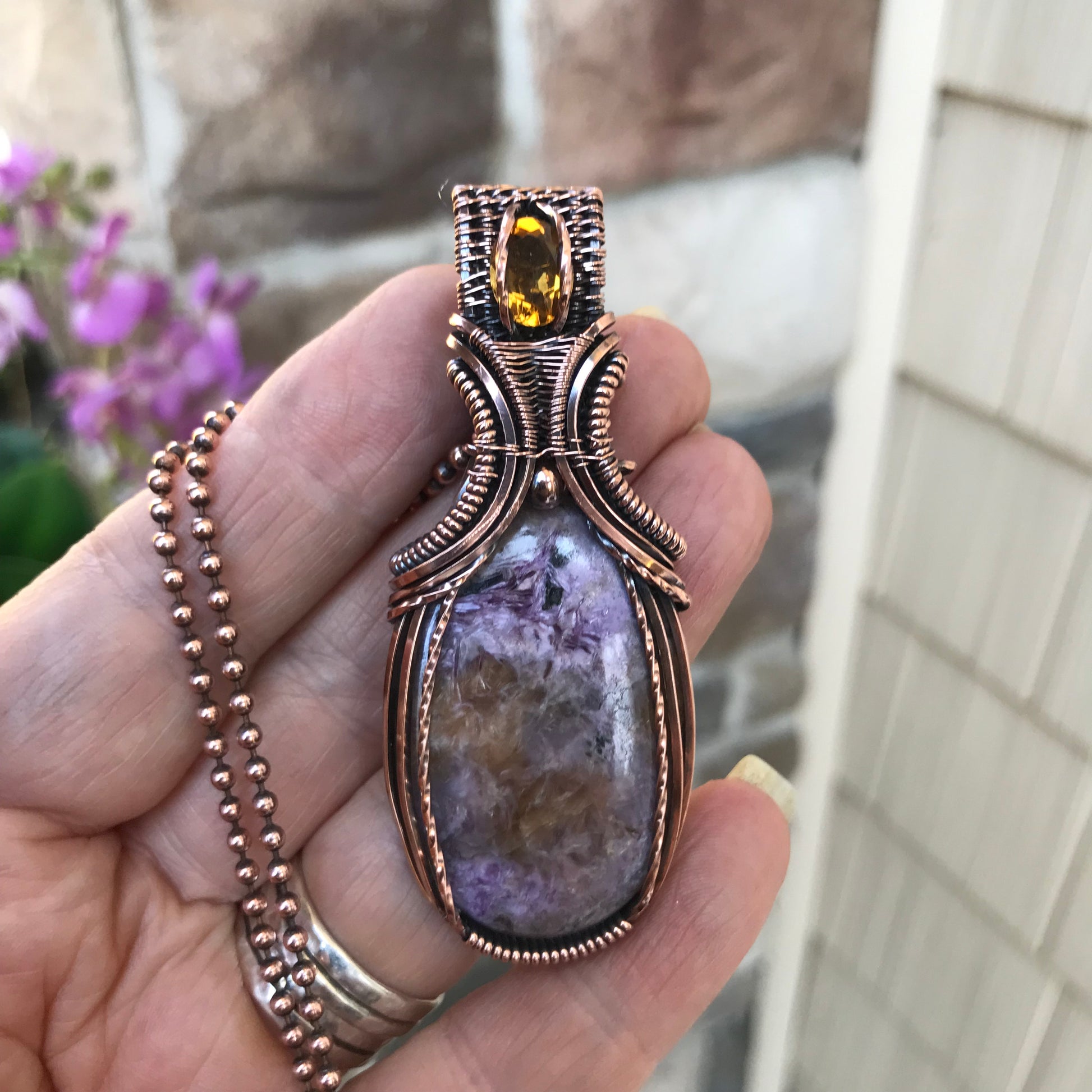 Charoite & Citrine Copper Pendant with Weaving