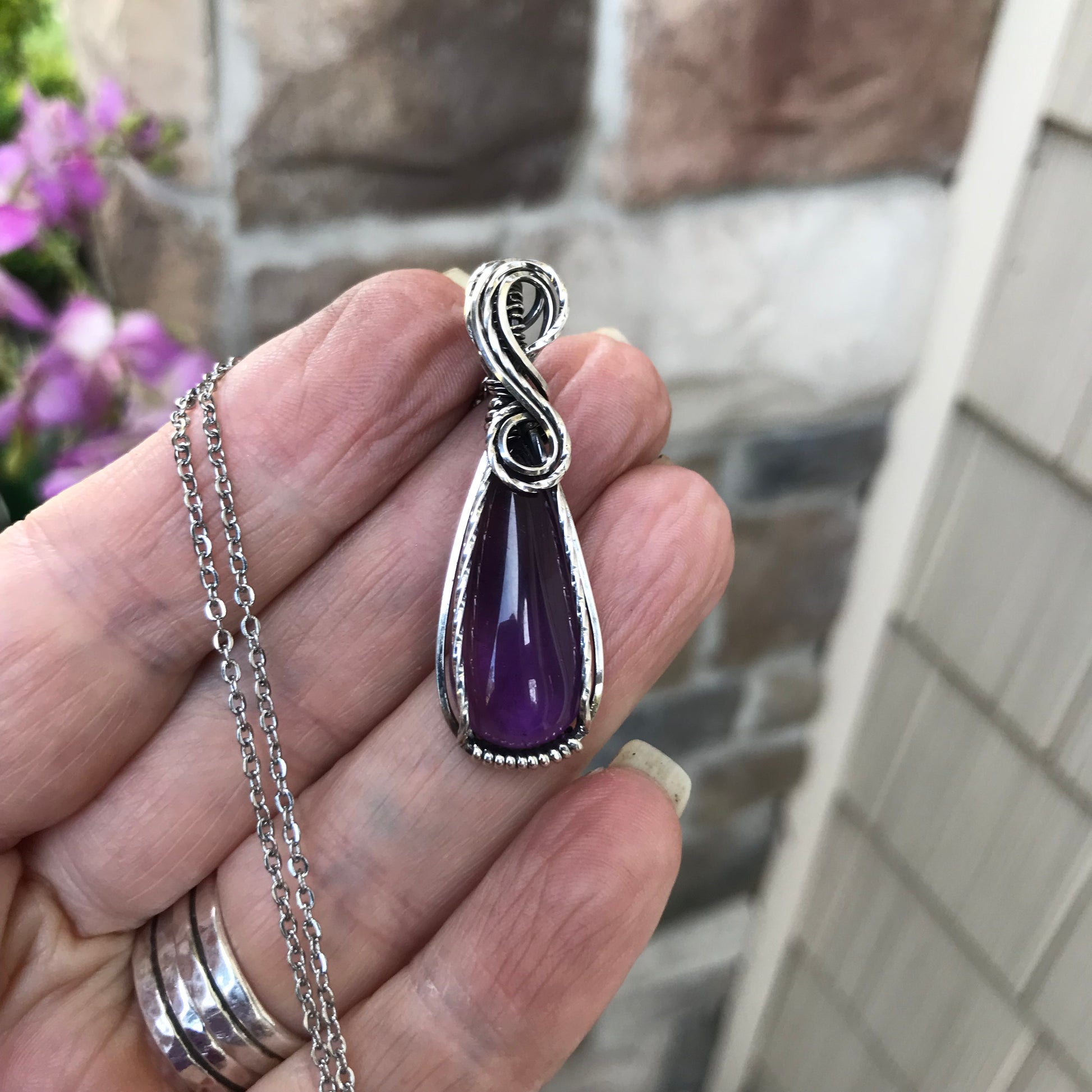 Amethyst Slender Teardrop Silver Necklace