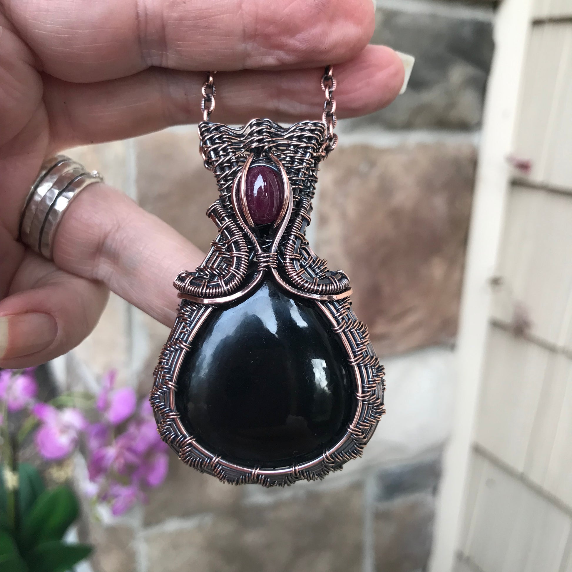 Black Obsidian & Ruby Woven Copper Necklace