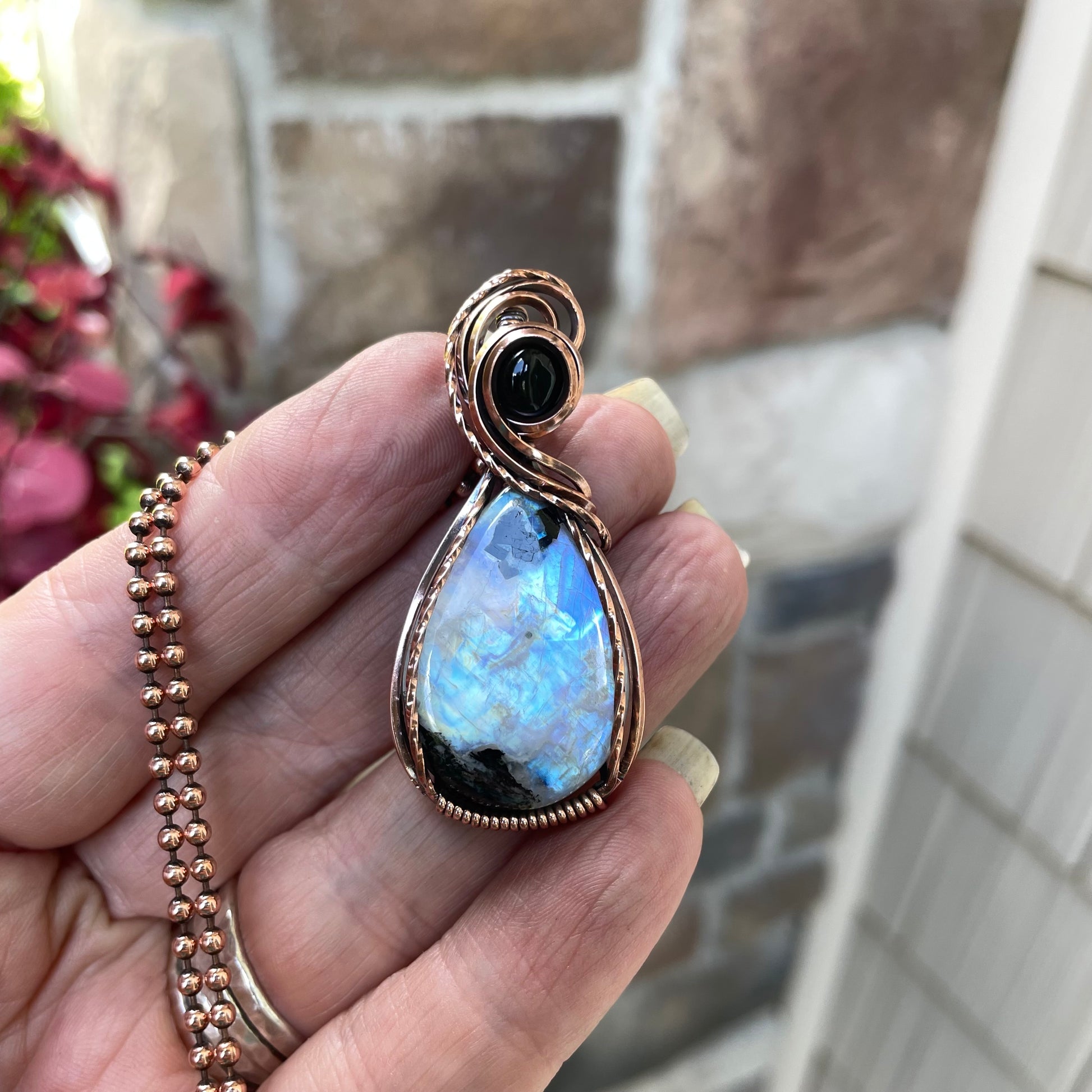 Moonstone & Black Onyx Copper Pendant