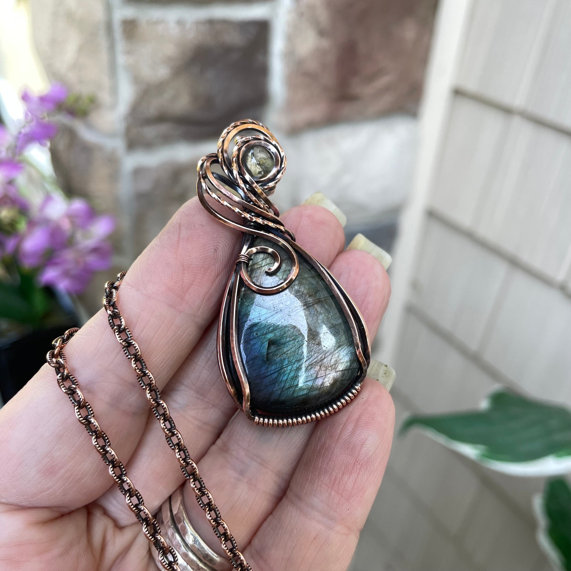 Slate Blue Green Labradorite & Prasiolite Copper Pendant