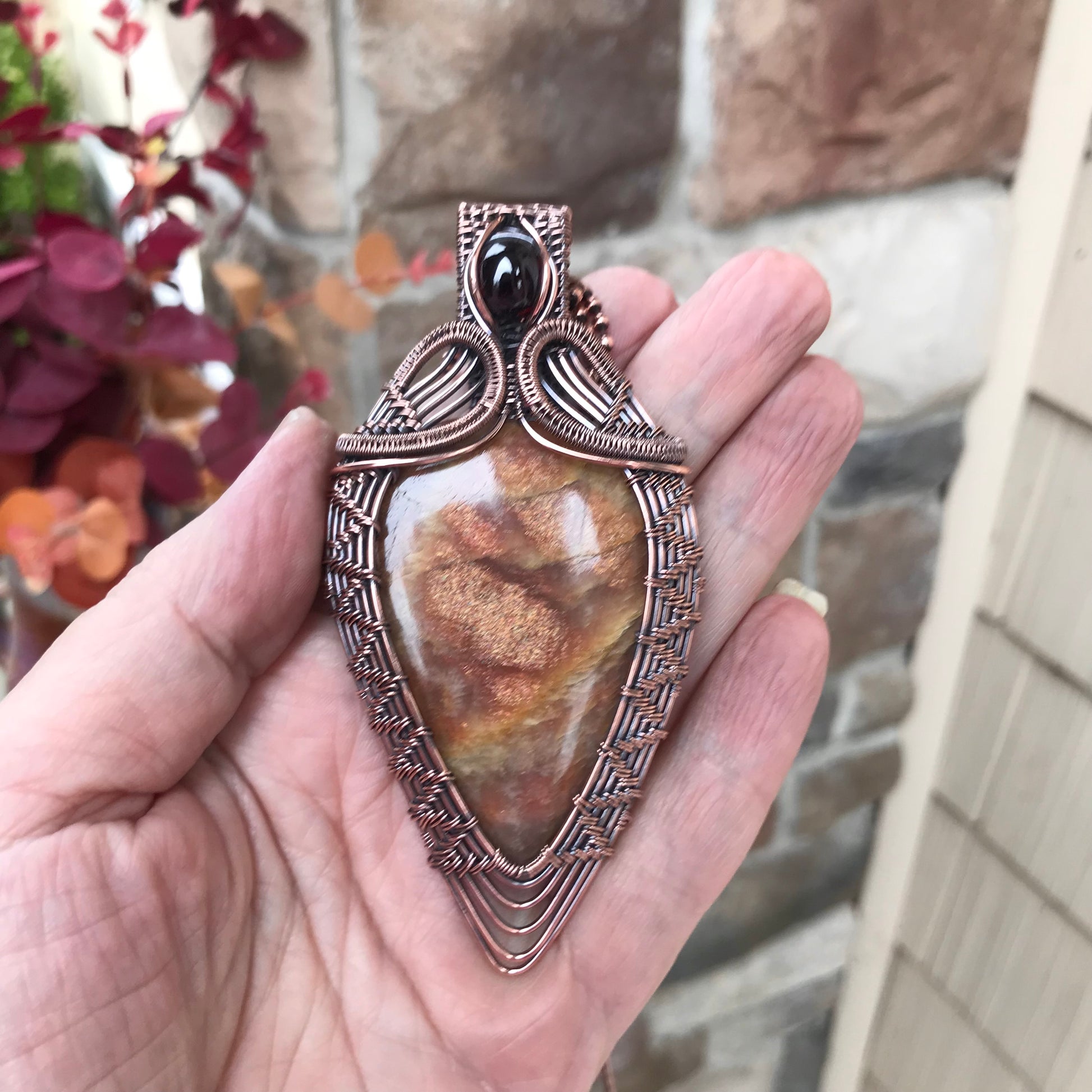Sunstone & Garnet Woven Copper Pendant