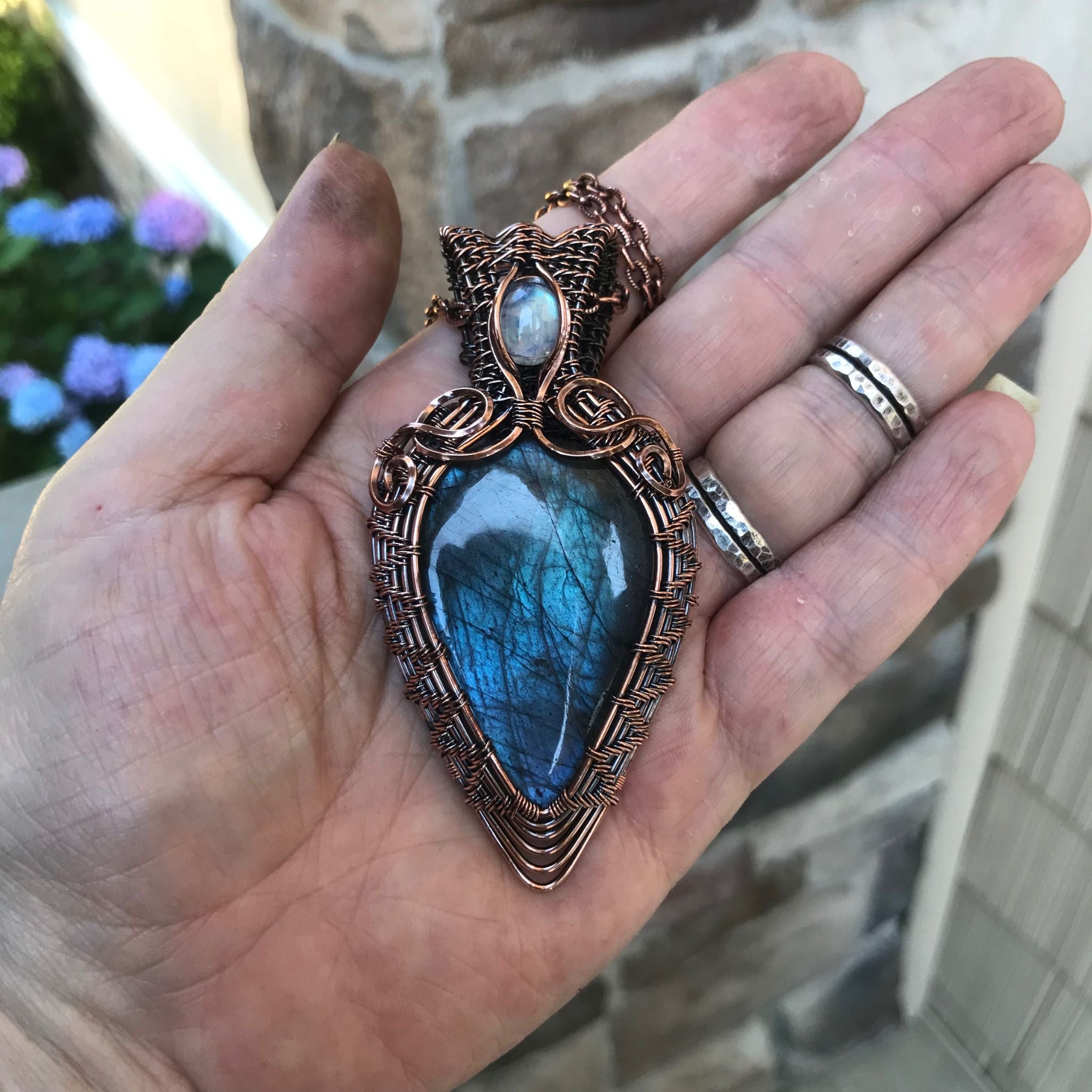 Blue Purple Labradorite & Moonstone Woven Copper Pendant