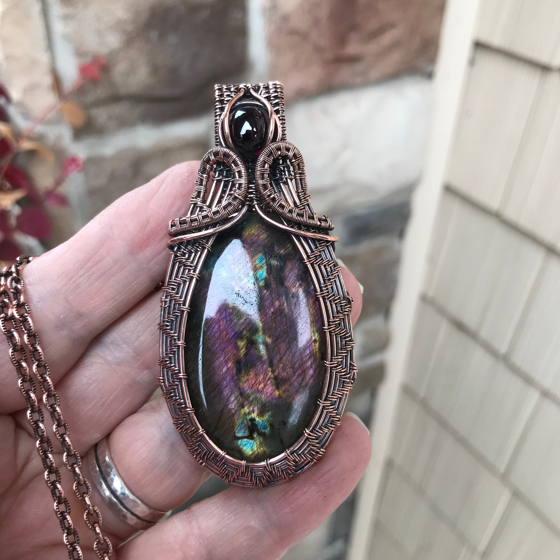 Purple Maroon Labradorite & Garnet Woven Copper Pendant