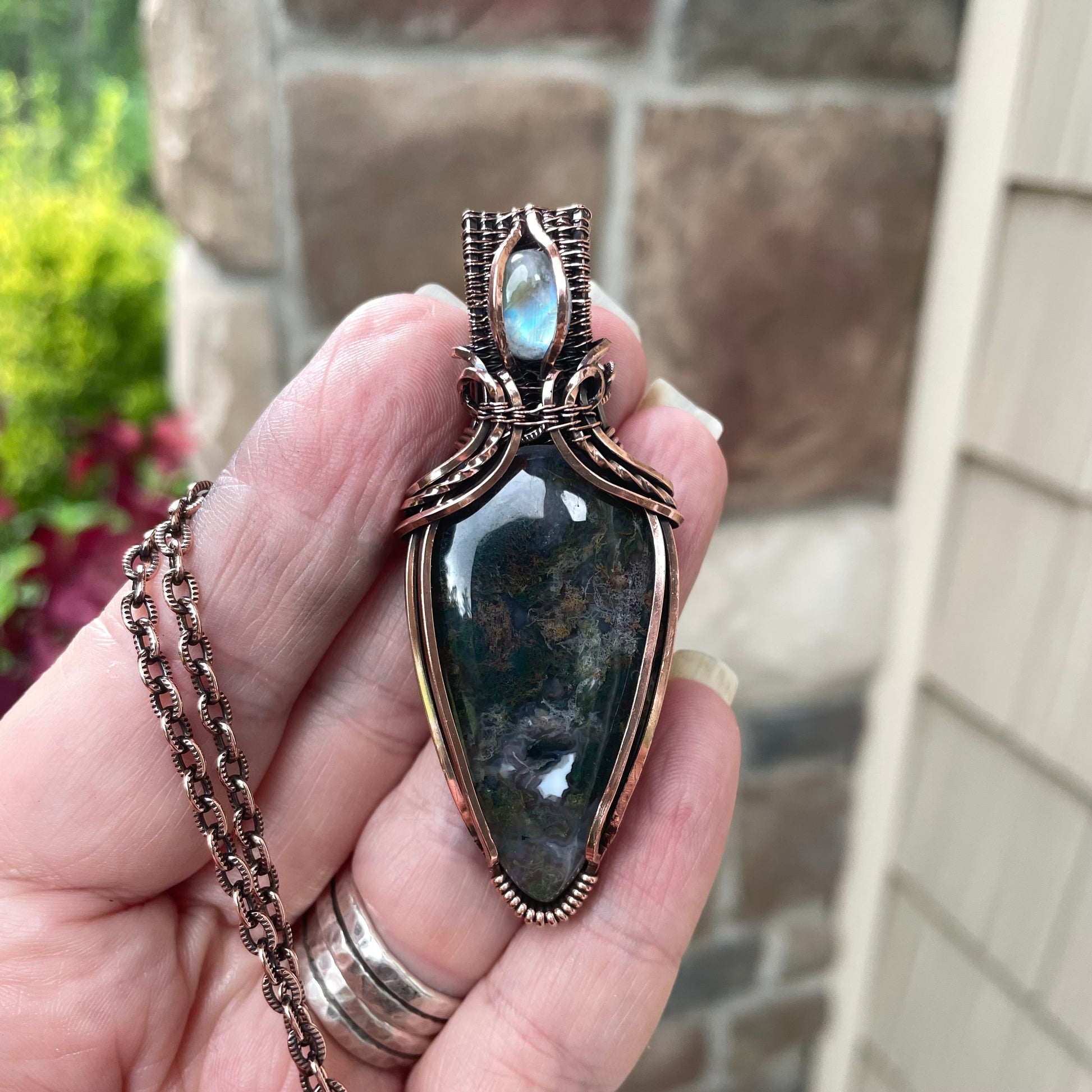 Moss Agate & Moonstone Copper Necklace with Weaving