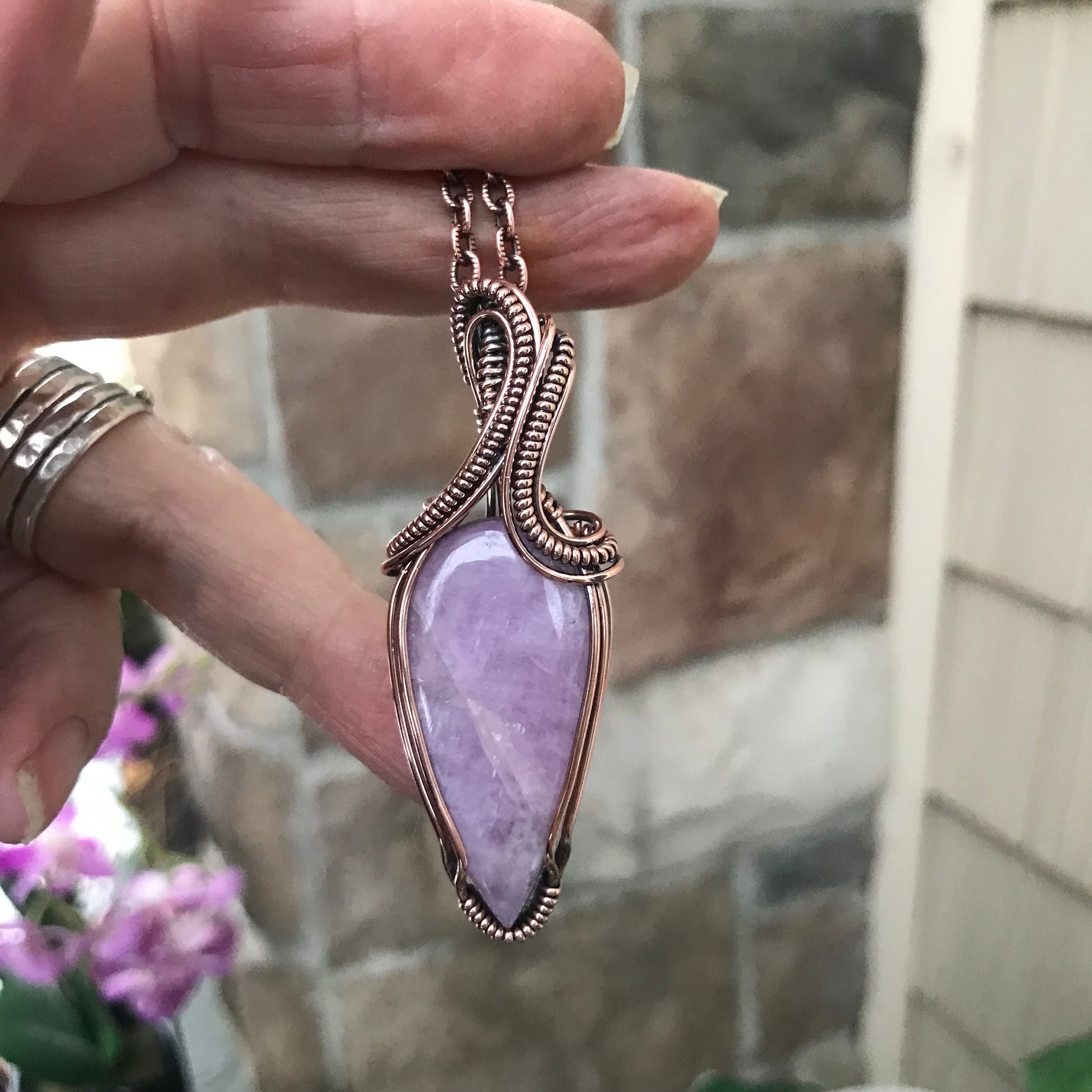 Kunzite Teardrop Copper Pendant