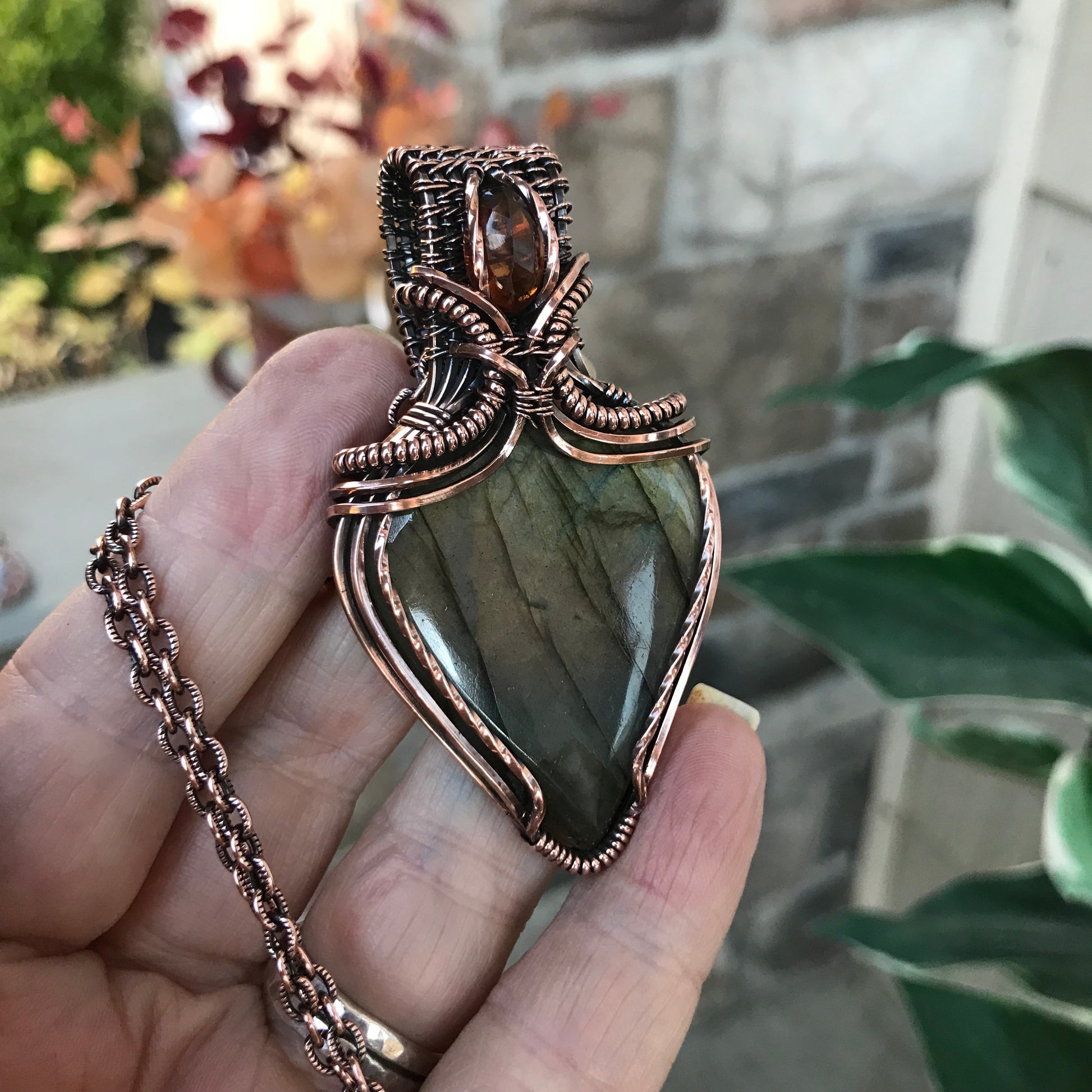 Amber Green Labradorite & Hessonite Garnet Copper Pendant