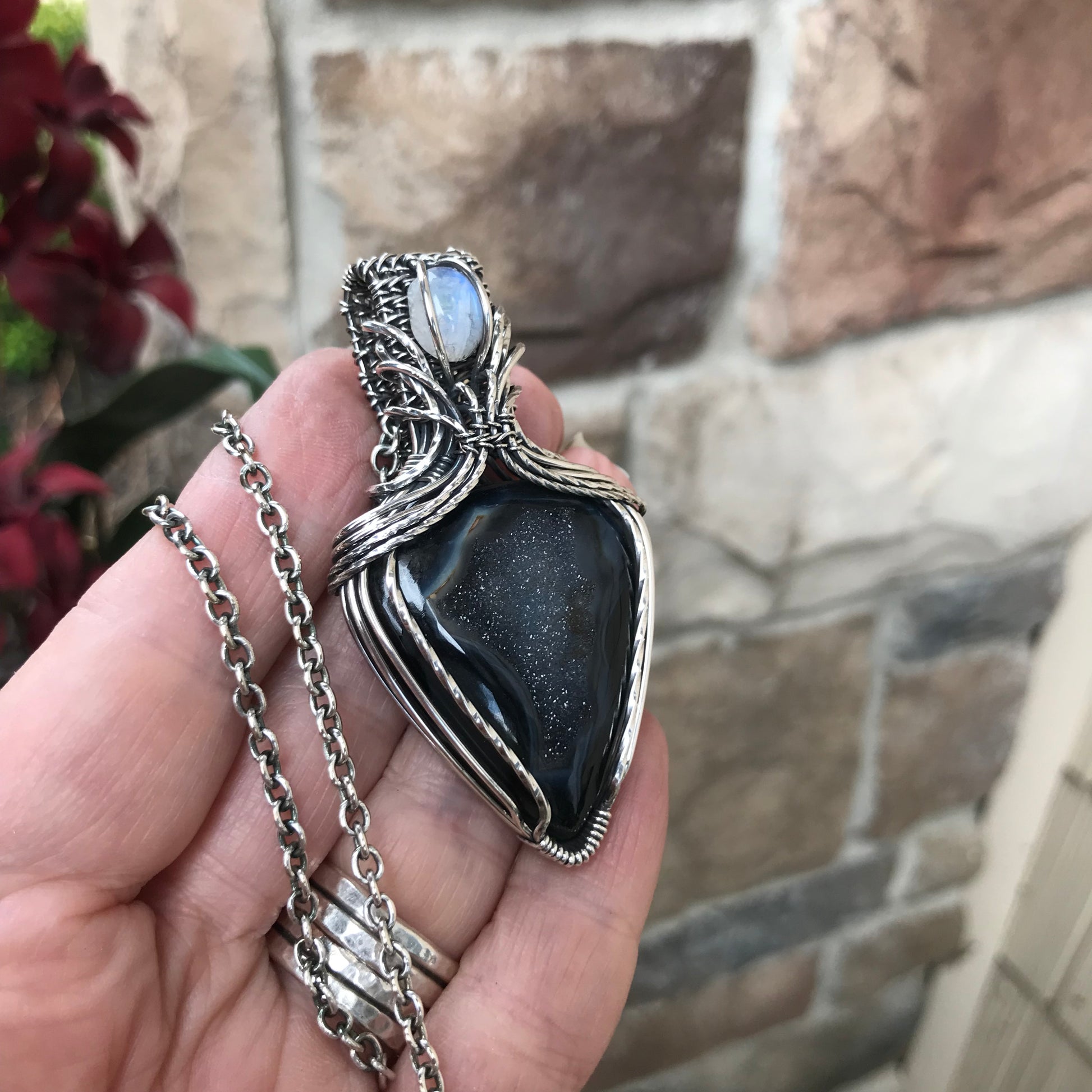 Custom Listing - Black Onyx Druzy & Moonstone Accent Silver Pendant