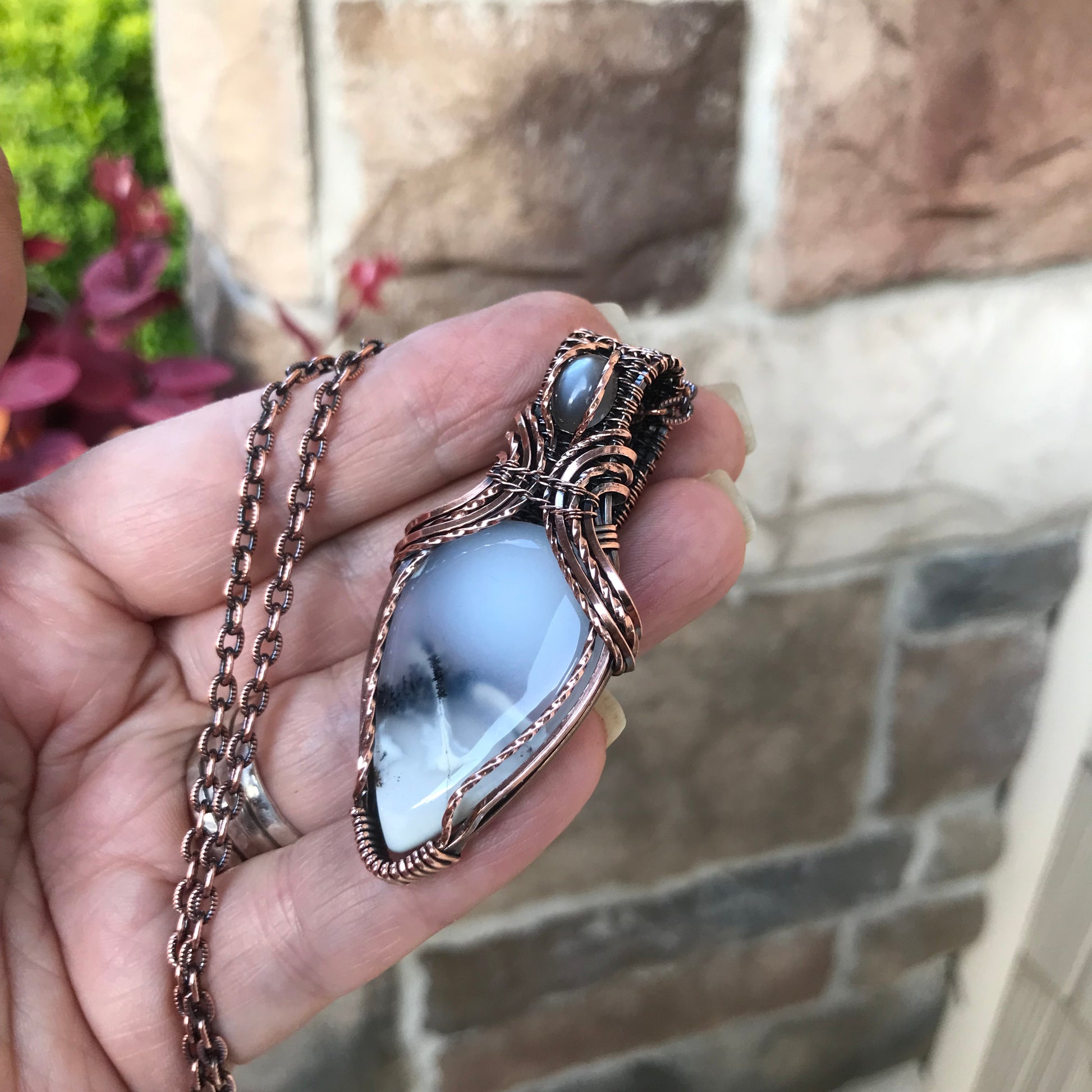 Dentritic Agate & Gray Moonstone Copper Necklace with Weaving