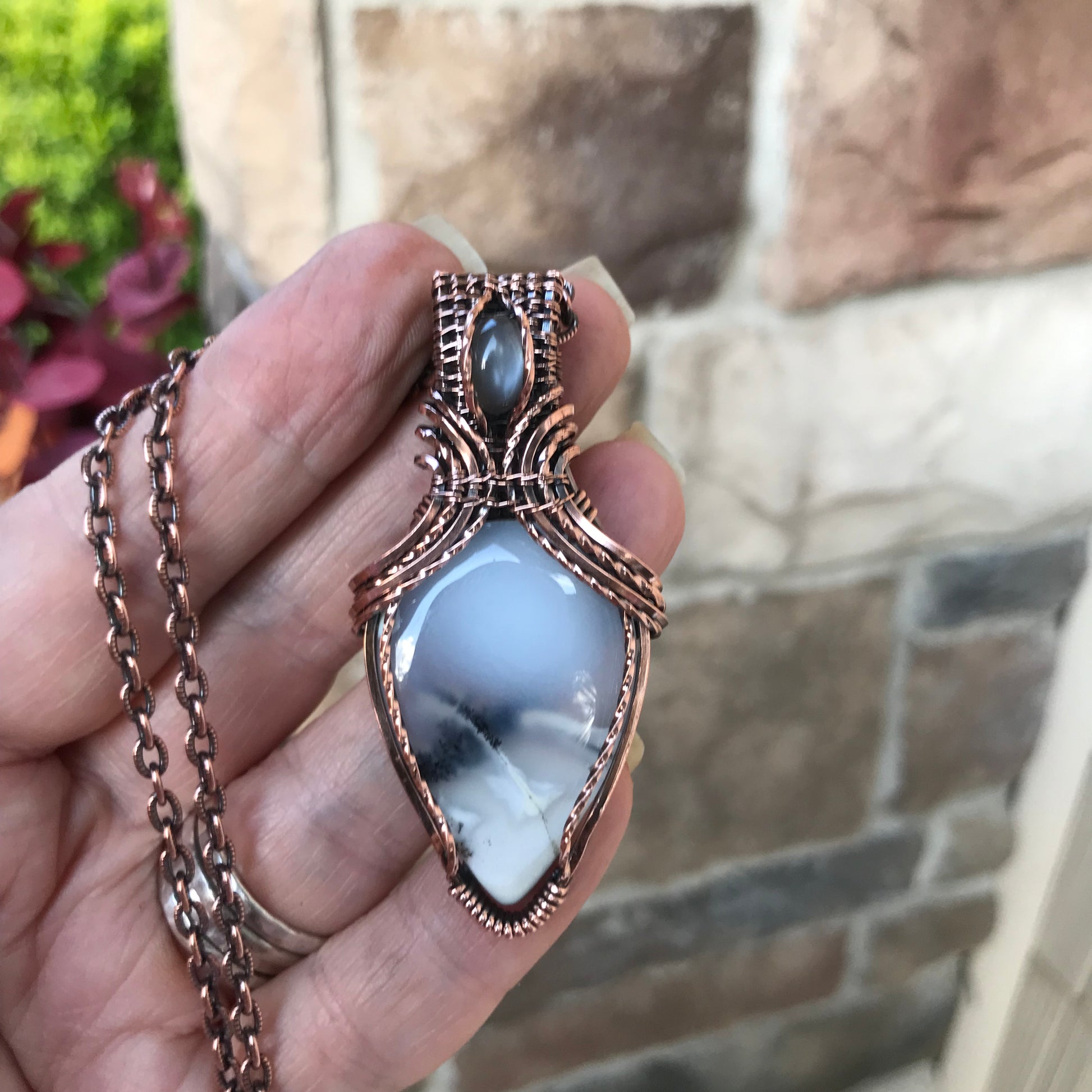 Dentritic Agate & Gray Moonstone Copper Necklace with Weaving