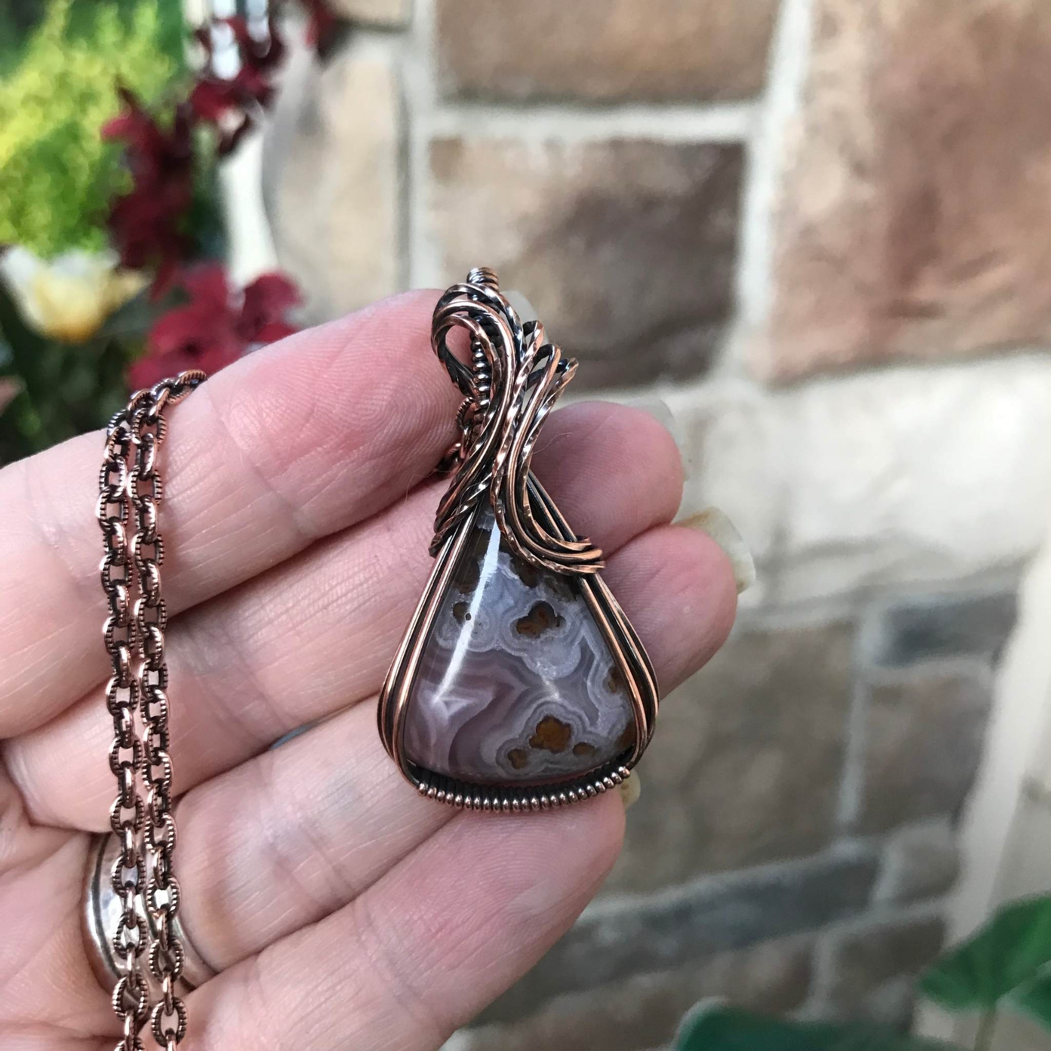 Pink plume moss agate agua nueva copper wire wrapped pendant 