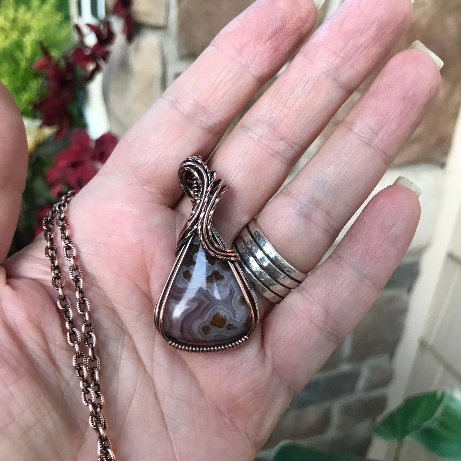 Pink plume moss agate agua nueva copper wire wrapped pendant 