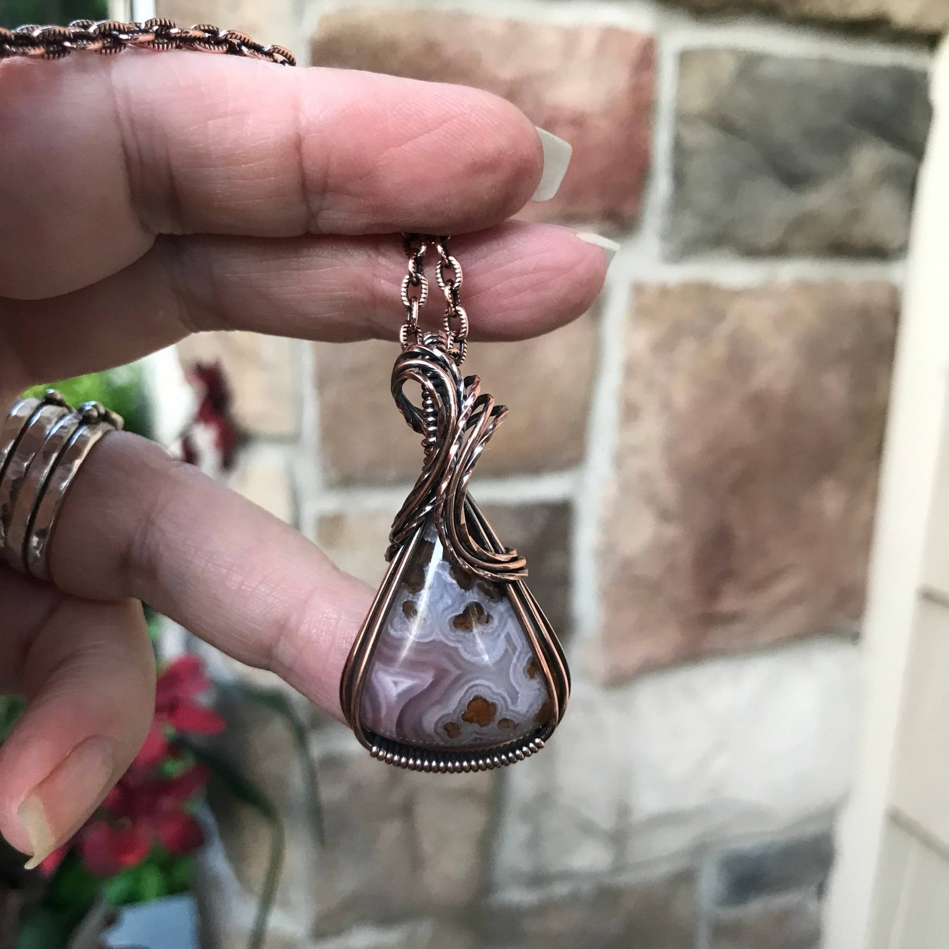Pink plume moss agate agua nueva copper wire wrapped pendant 