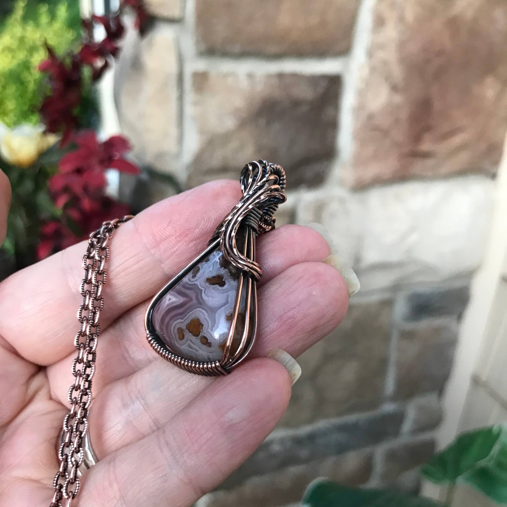 Agua Nueva Pink Plume Moss Agate Copper Pendant