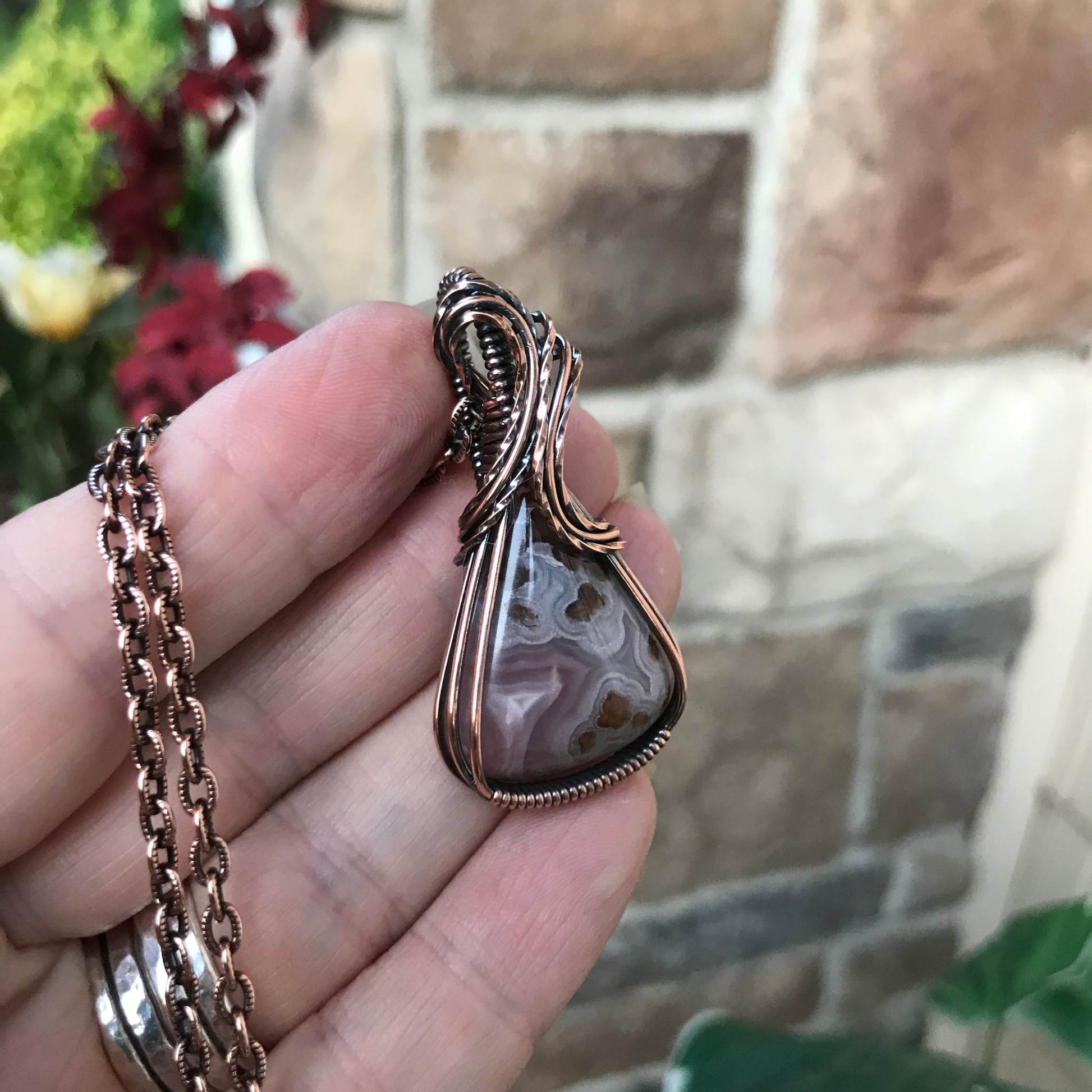 Agua Nueva Pink Plume Moss Agate Copper Pendant