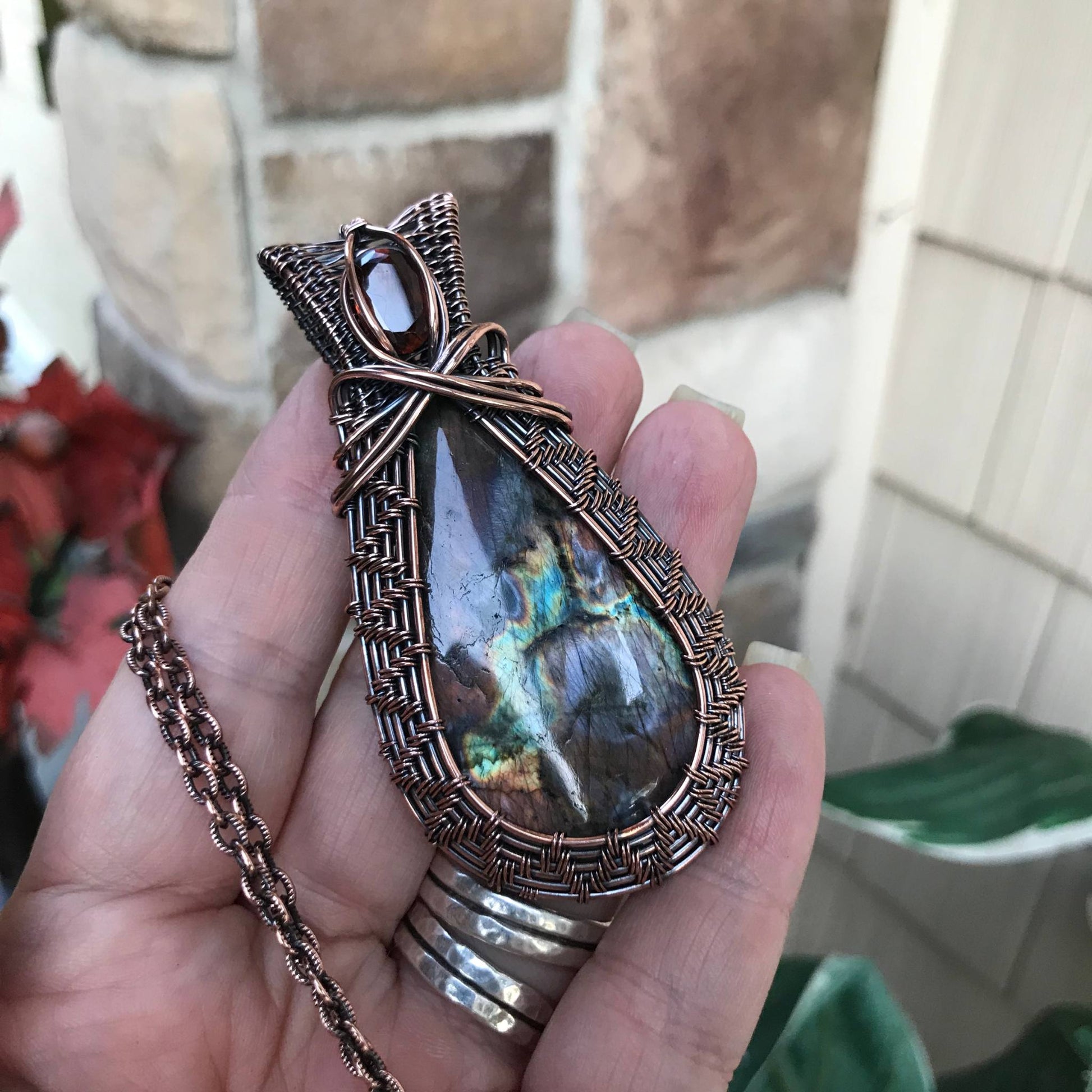 Amber Purple Labradorite & Hessonite Garnet Woven Copper Necklace