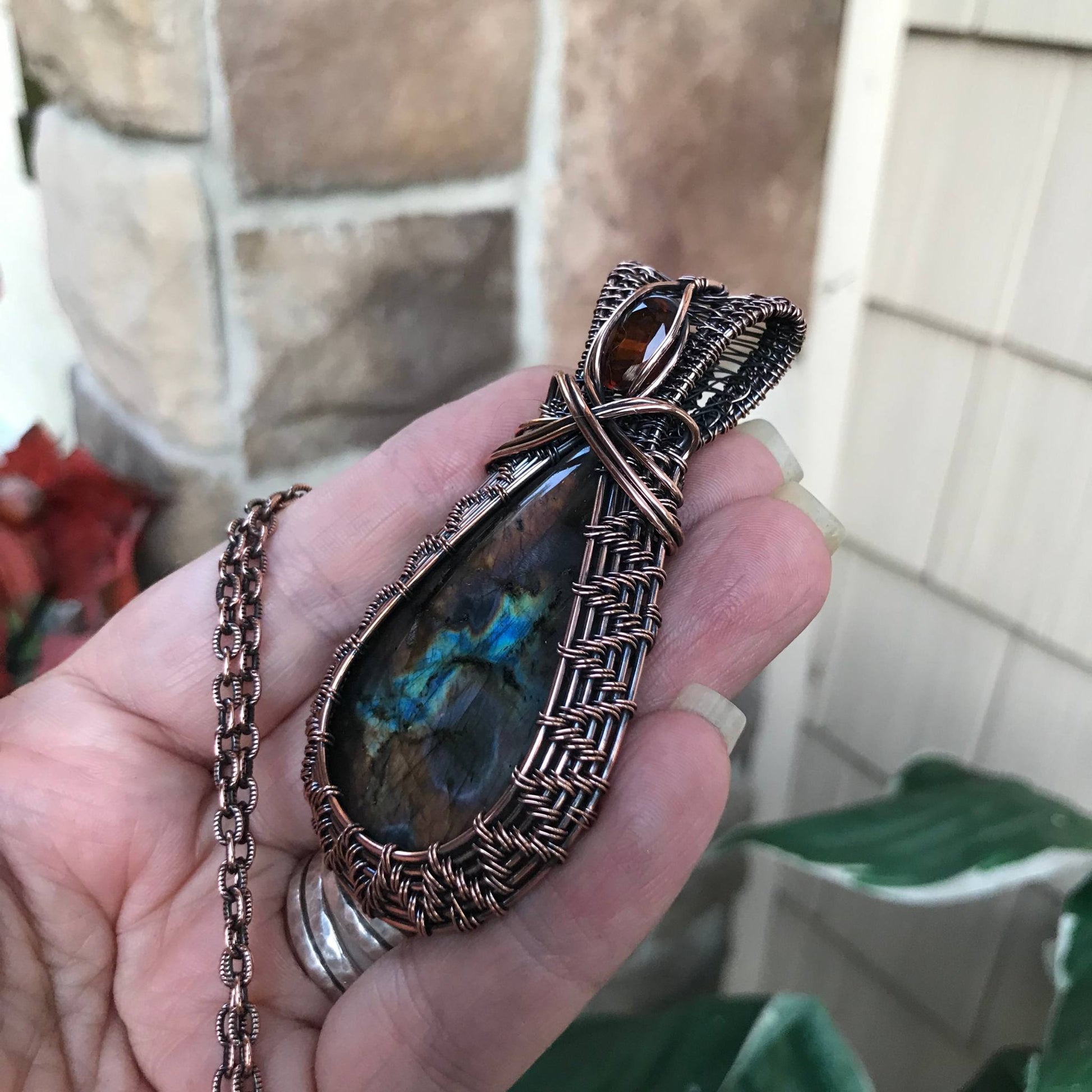 Amber Purple Labradorite & Hessonite Garnet Woven Copper Necklace