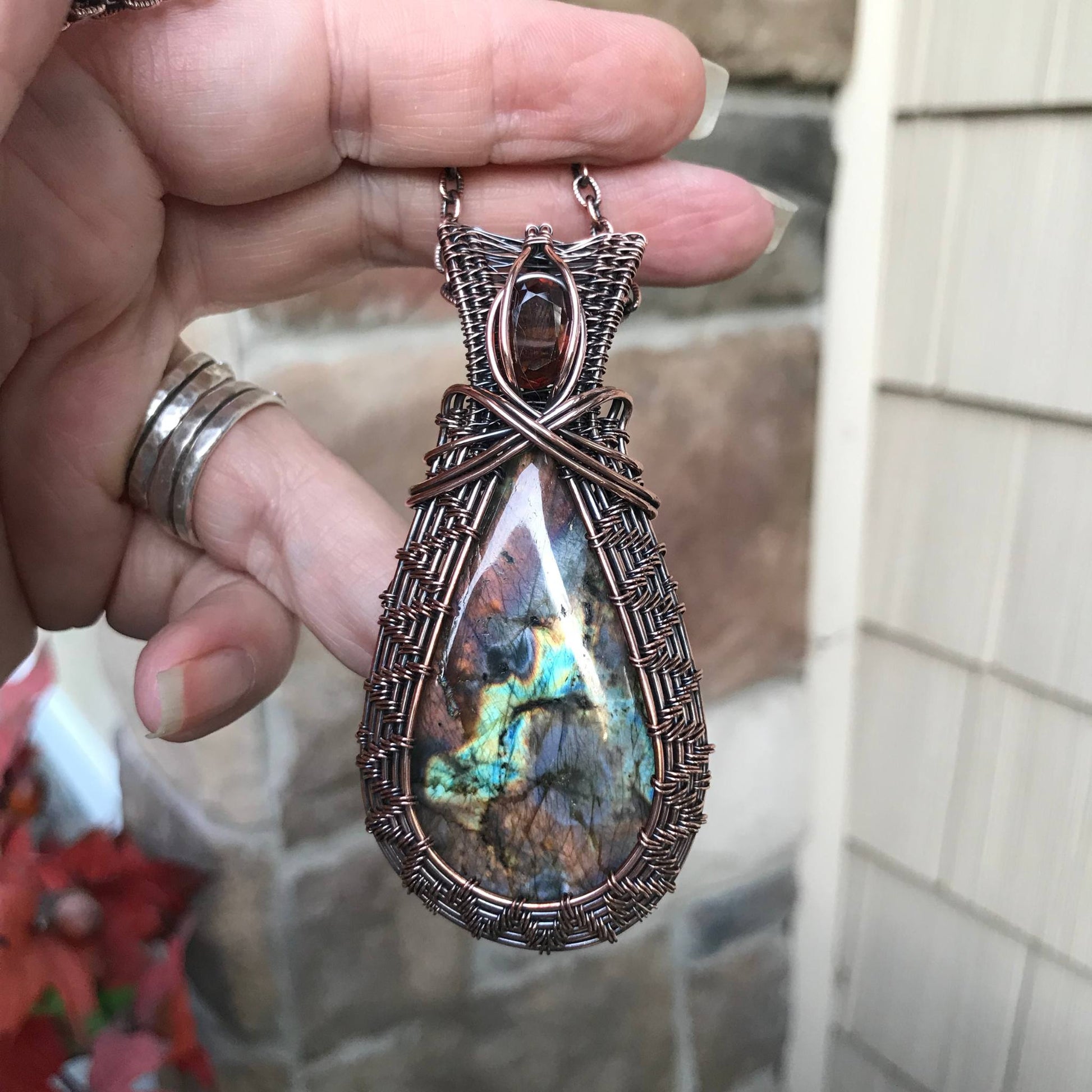 Amber Purple Labradorite & Hessonite Garnet Woven Copper Necklace