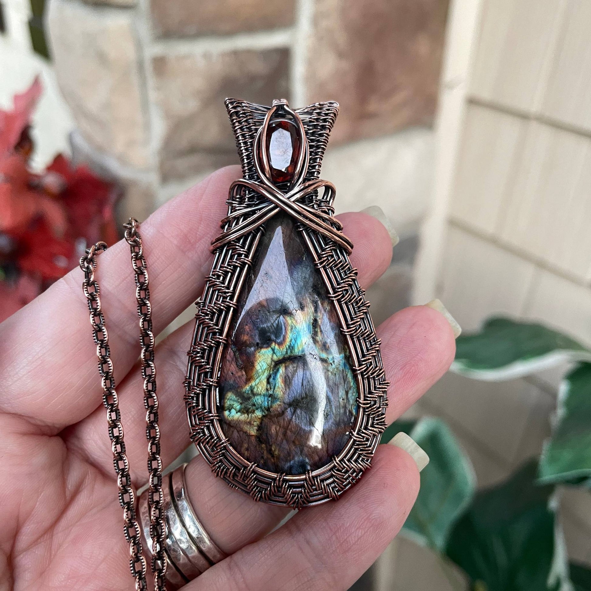 Amber Purple Labradorite & Hessonite Garnet Woven Copper Necklace