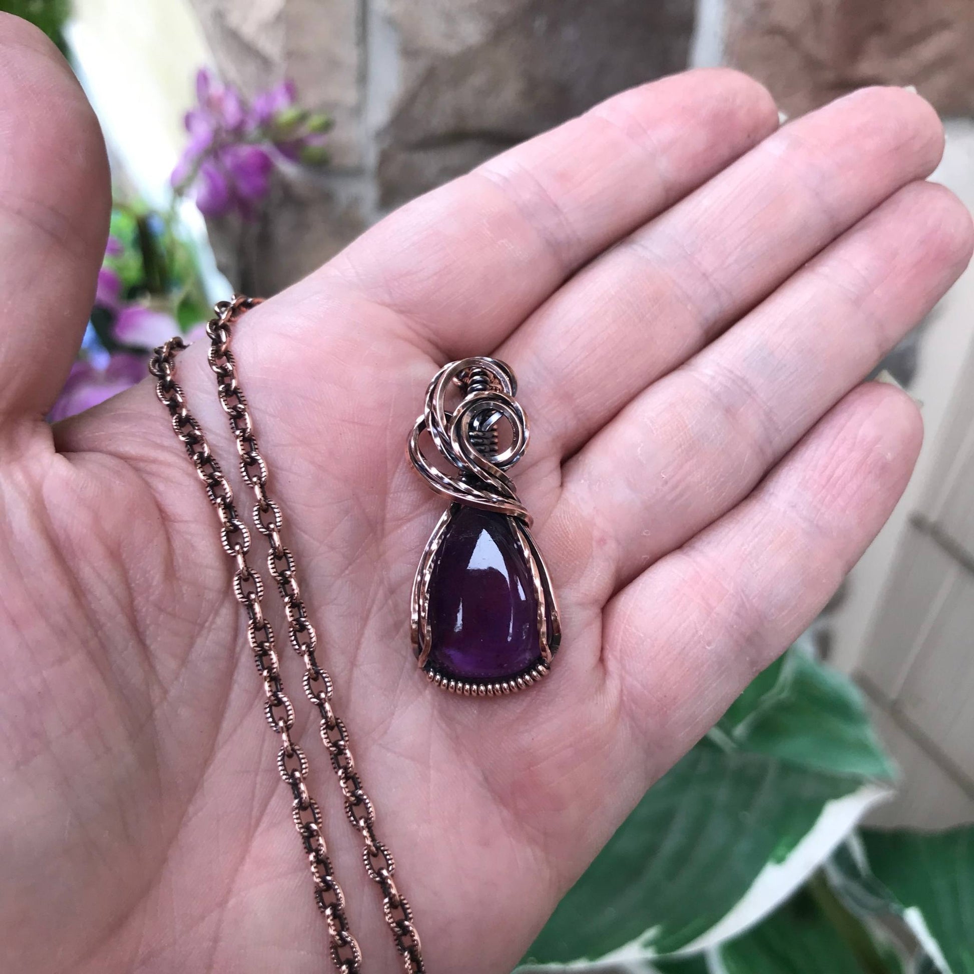 Amethyst small copper wire wrapped pendant by Moonlet Jewelry