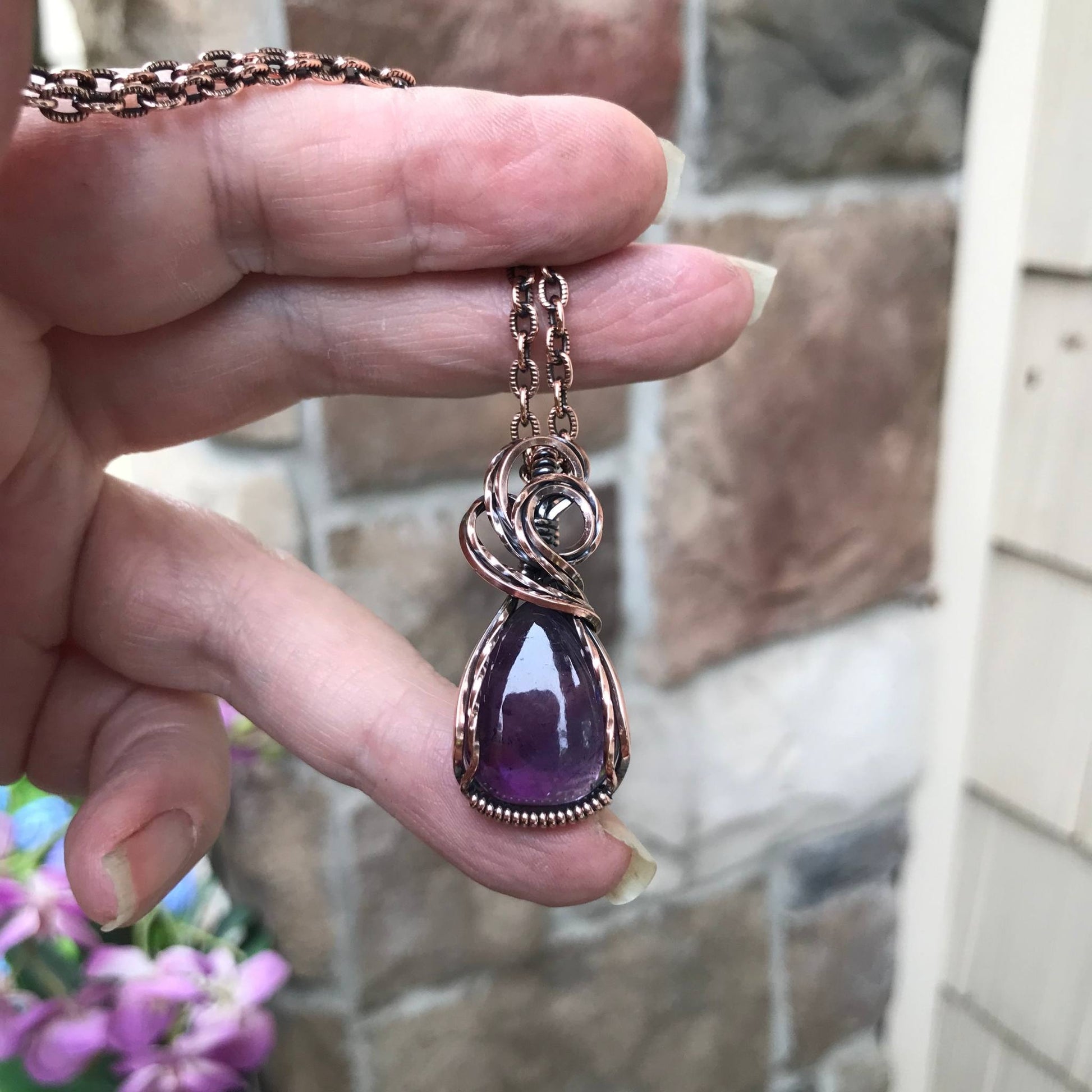 Amethyst small copper wire wrapped pendant by Moonlet Jewelry