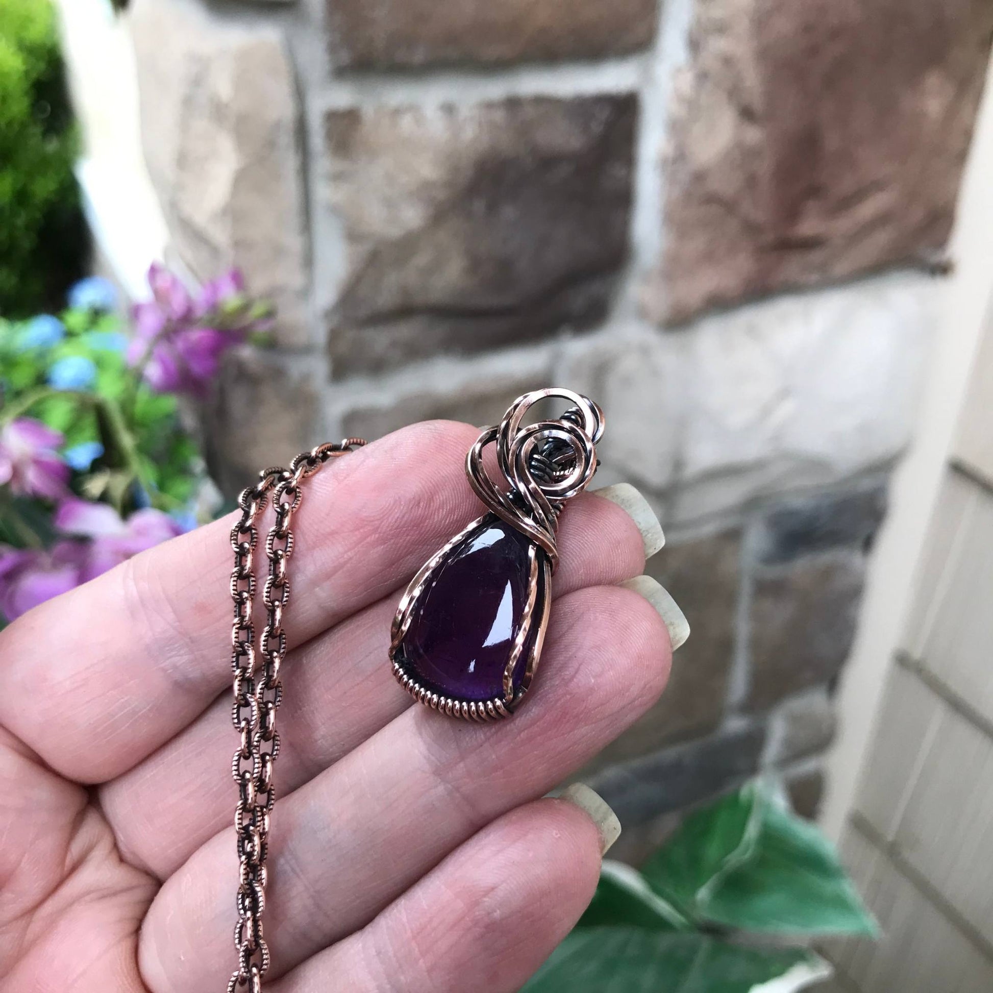 Amethyst small copper wire wrapped pendant by Moonlet Jewelry