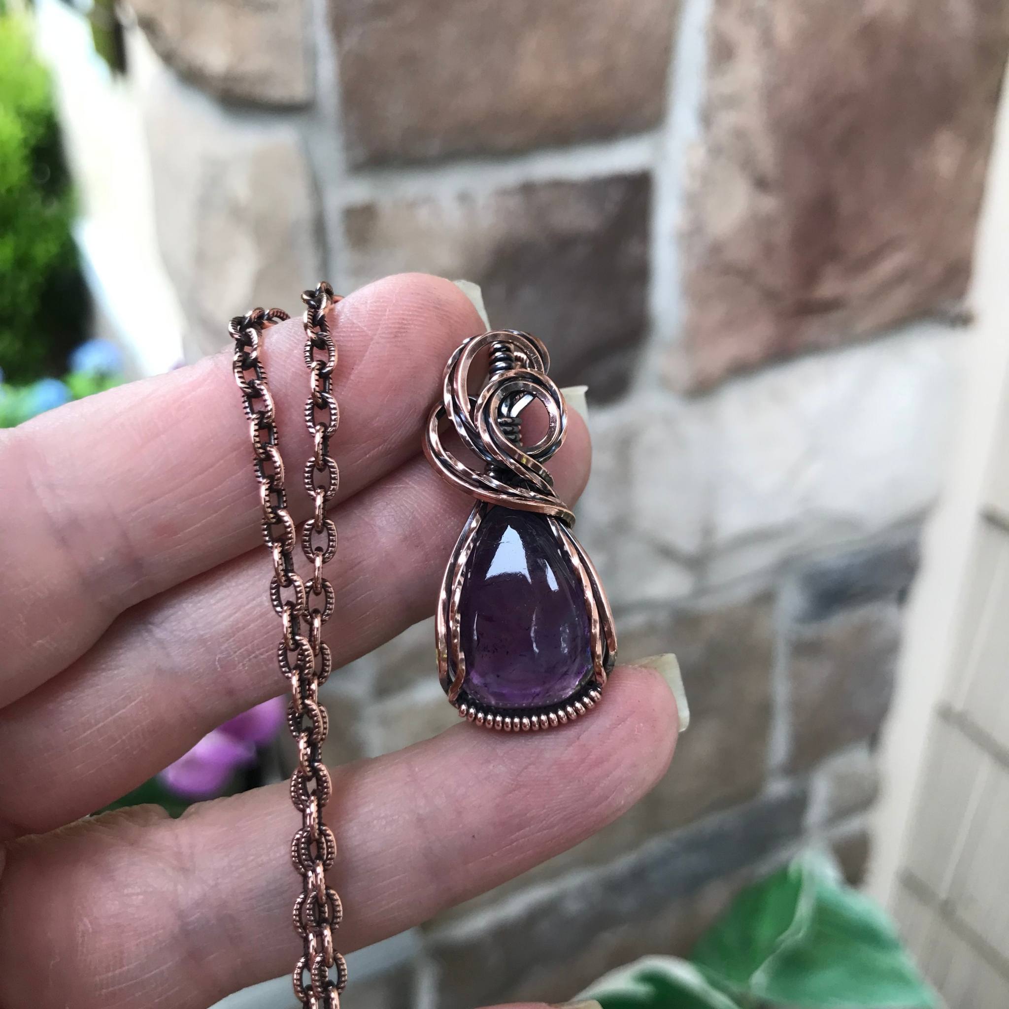 Amethyst small copper wire wrapped pendant by Moonlet Jewelry