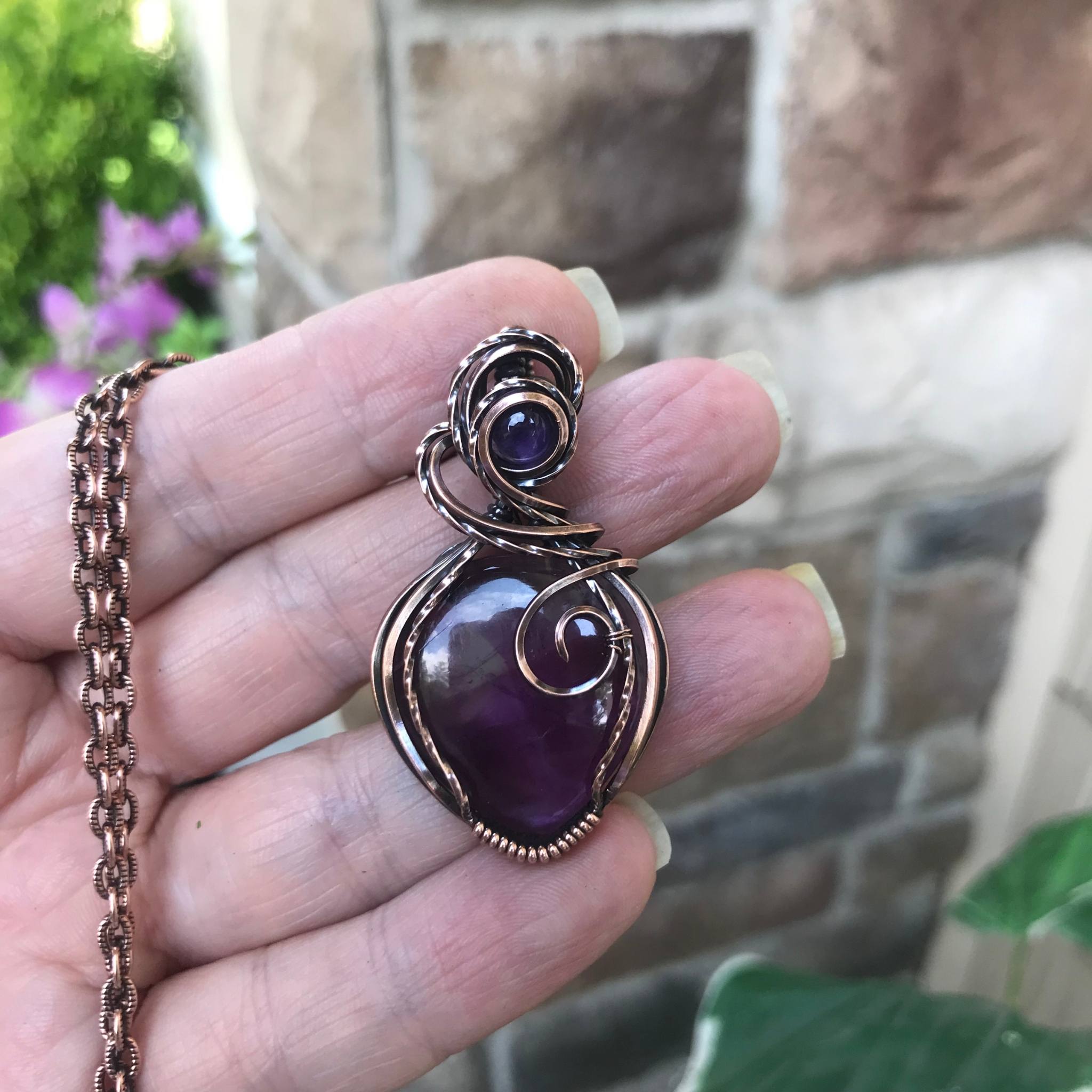 Amethyst with amethyst accent copper wire wrapped necklace by Moonlet Jewelry