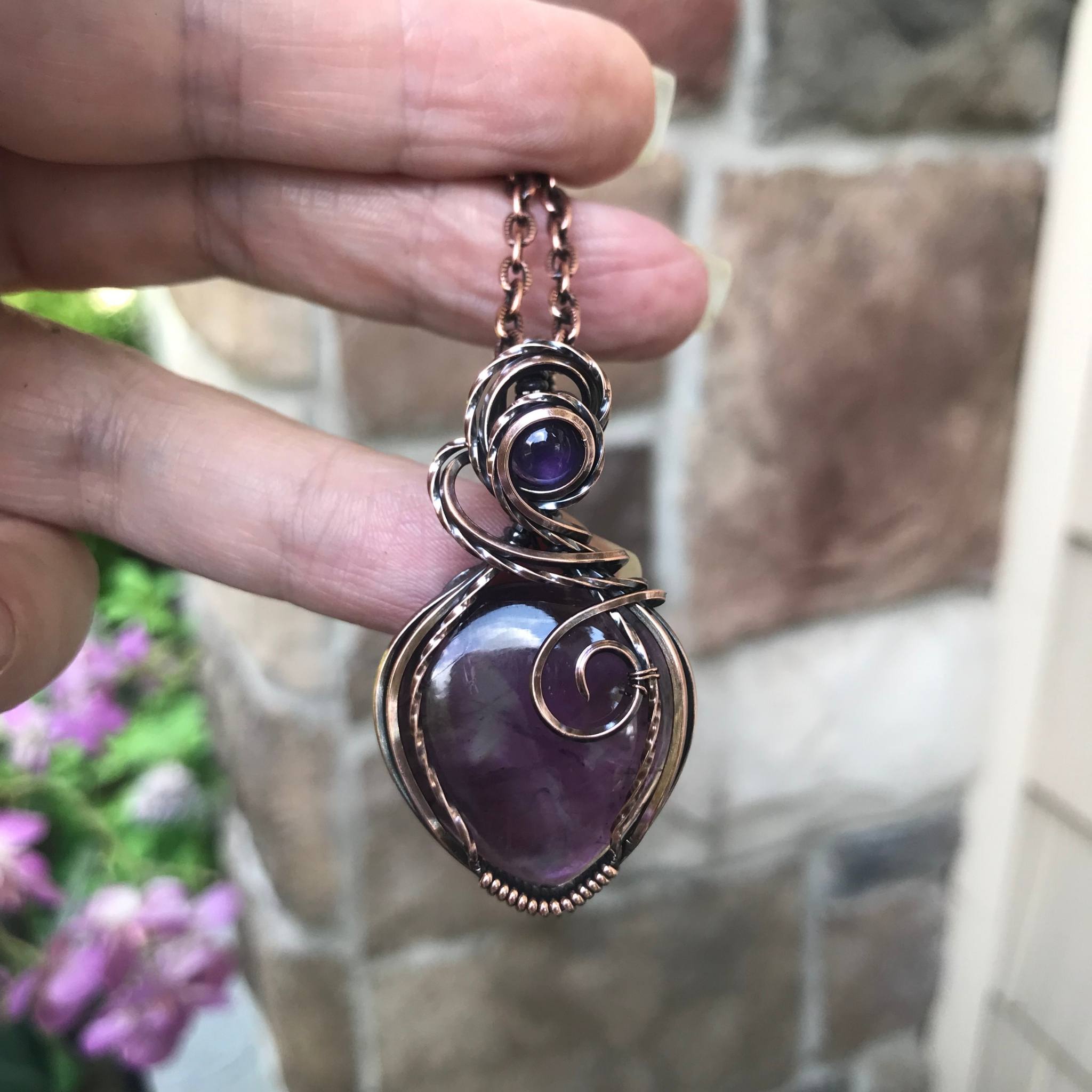 Amethyst with amethyst accent copper wire wrapped necklace by Moonlet Jewelry