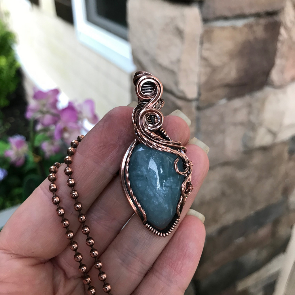 aquamarine copper wire wrapped pendant necklace moonlet jewelry