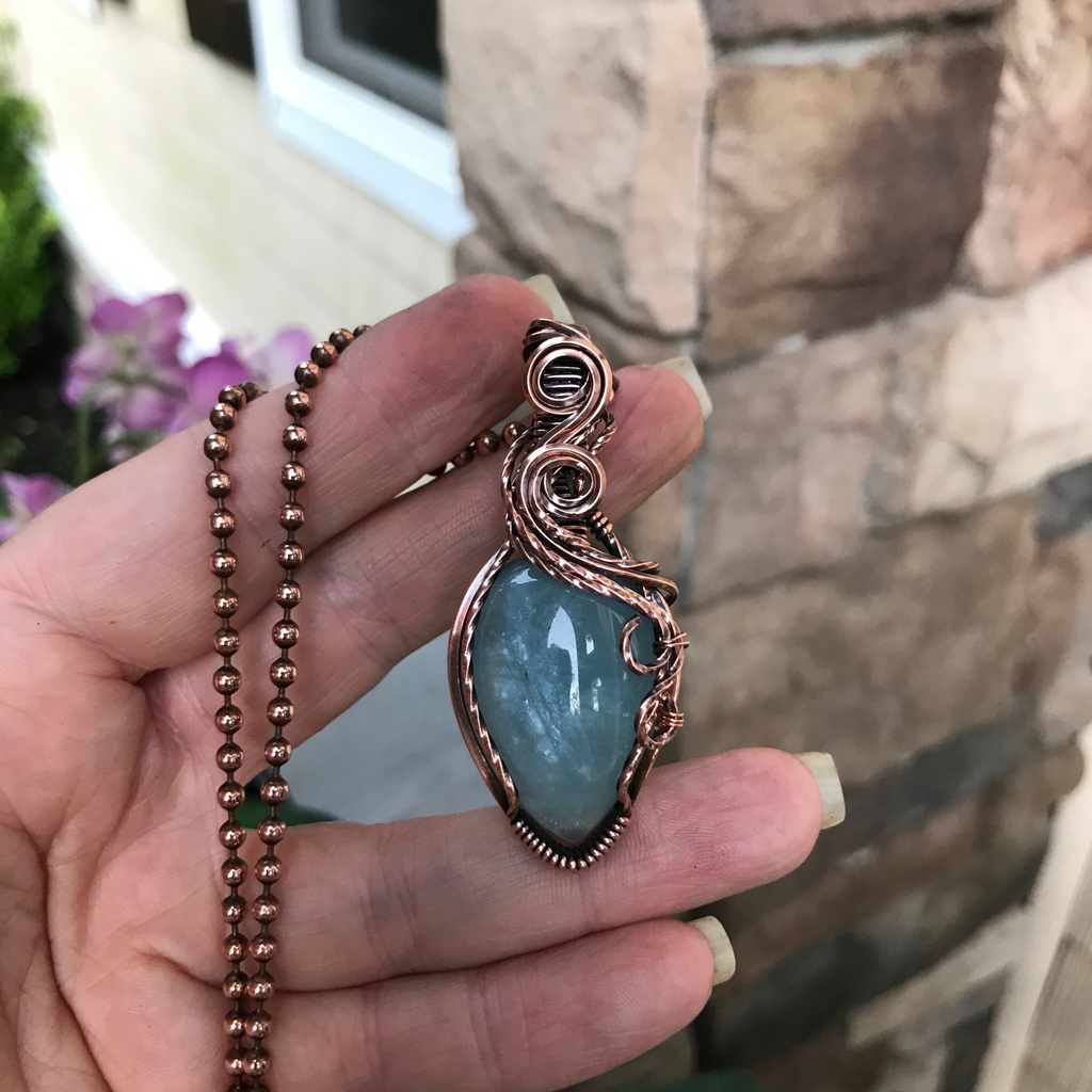 aquamarine copper wire wrapped pendant necklace moonlet jewelry