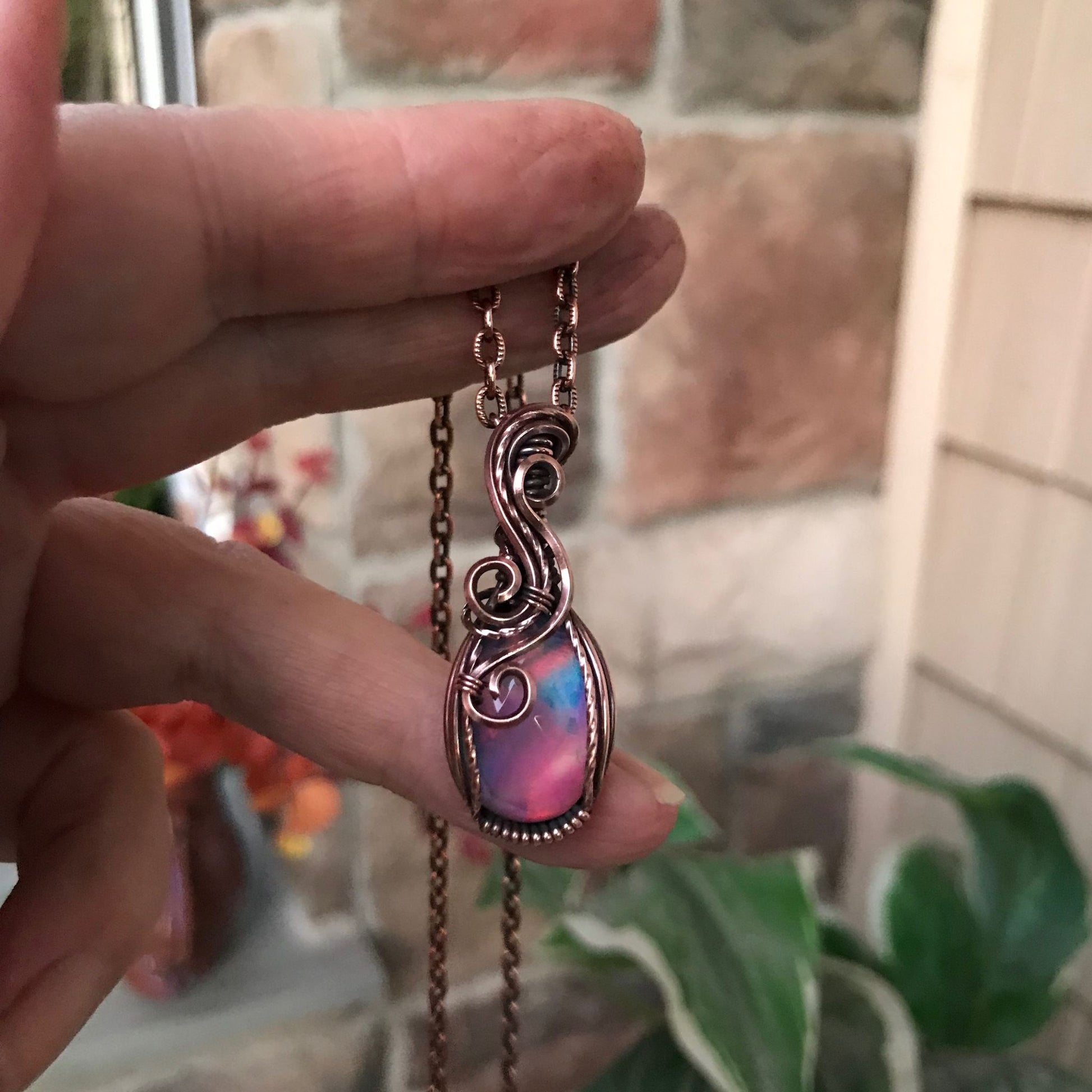 aurora opal small copper oval swirly pendant