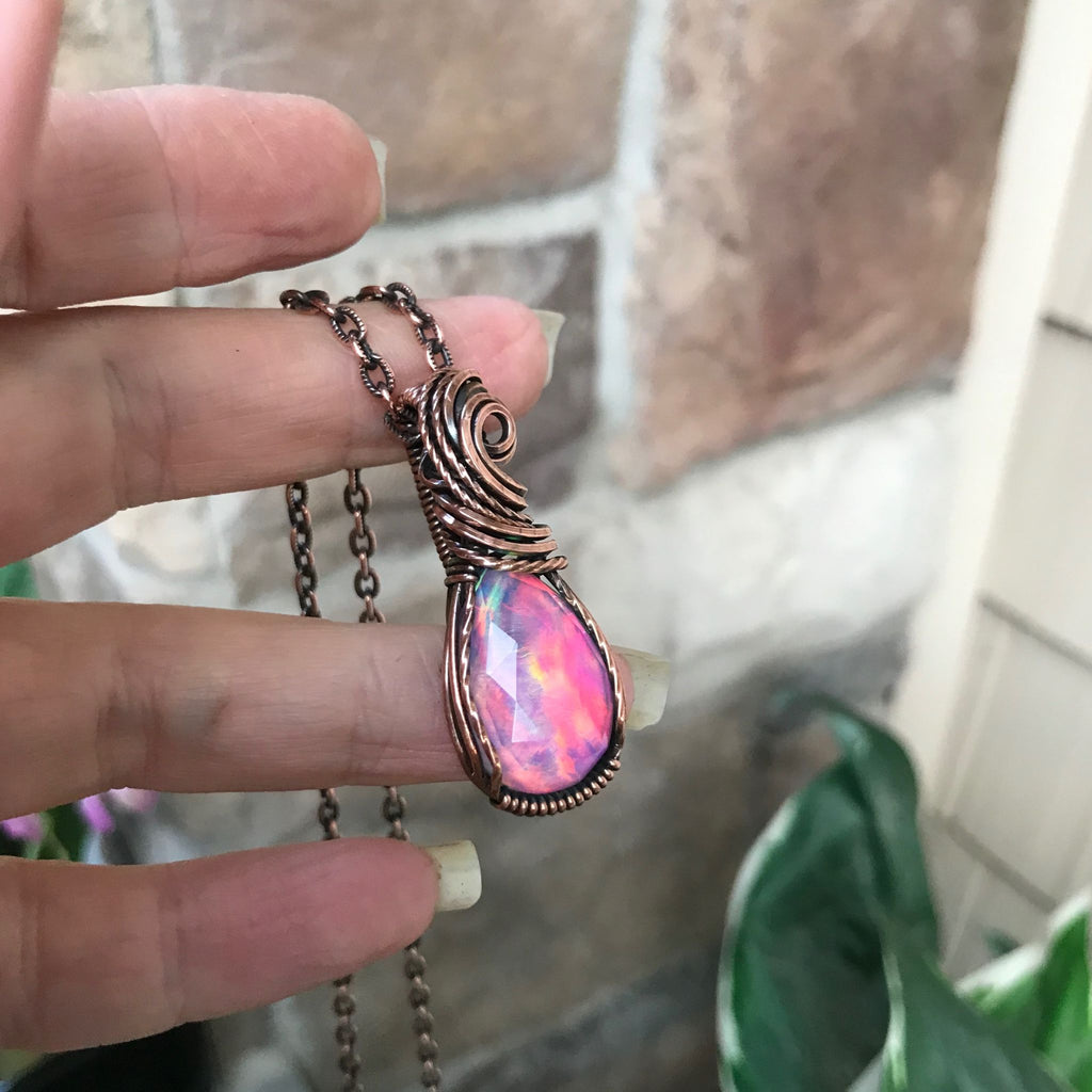 aurora opal copper teardrop faceted pendant 