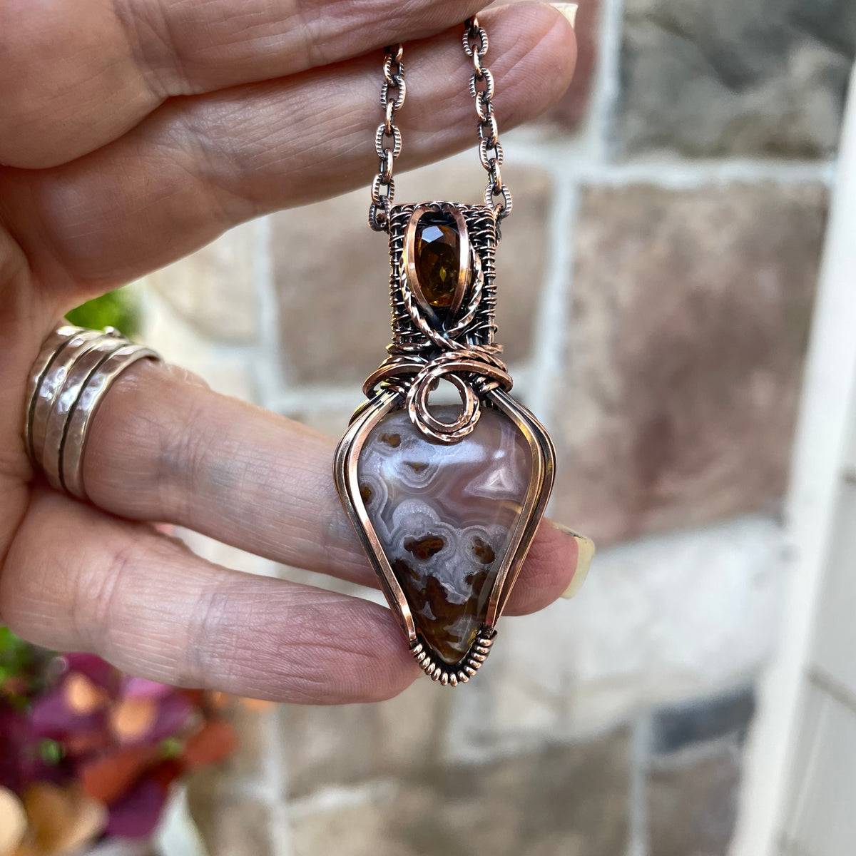 Pink Agua Nueva Plume Moss Agate & Honey Garnet Copper Necklace