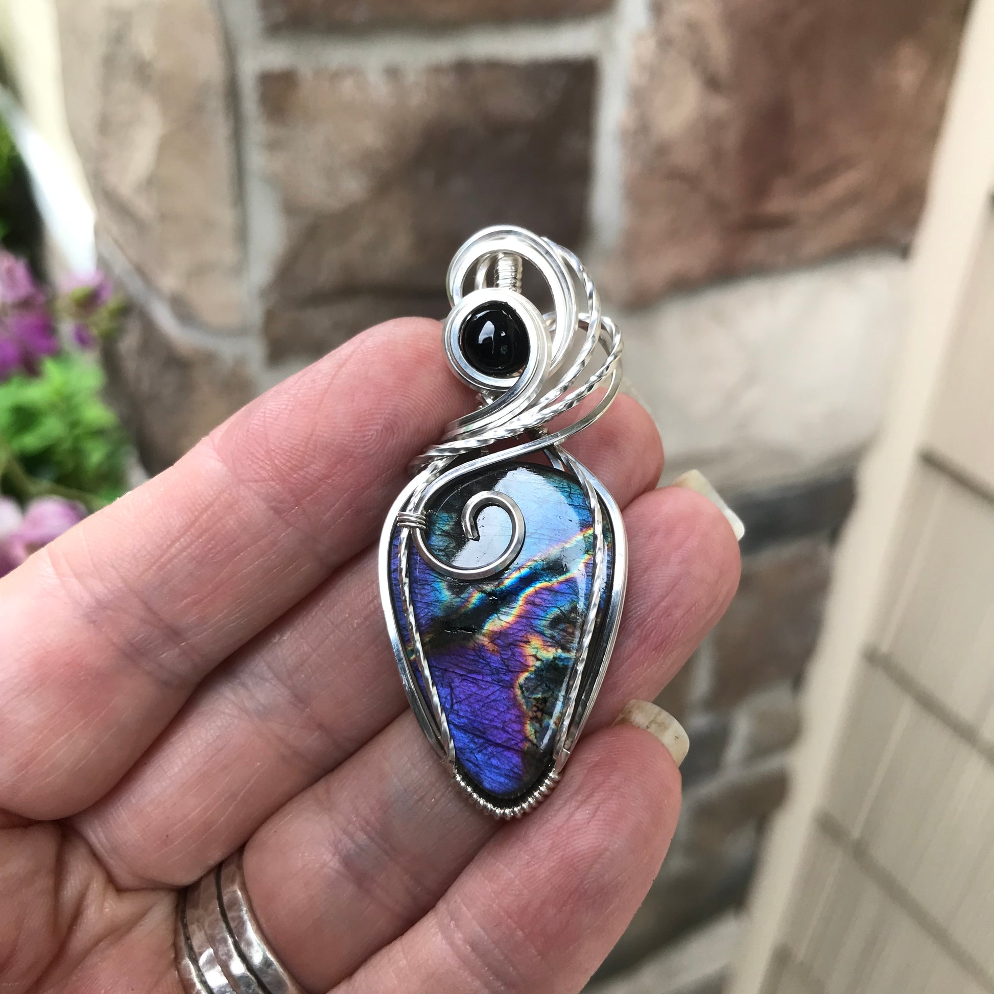 RESERVED - Purple Labradorite & Black Onyx Silver Necklace