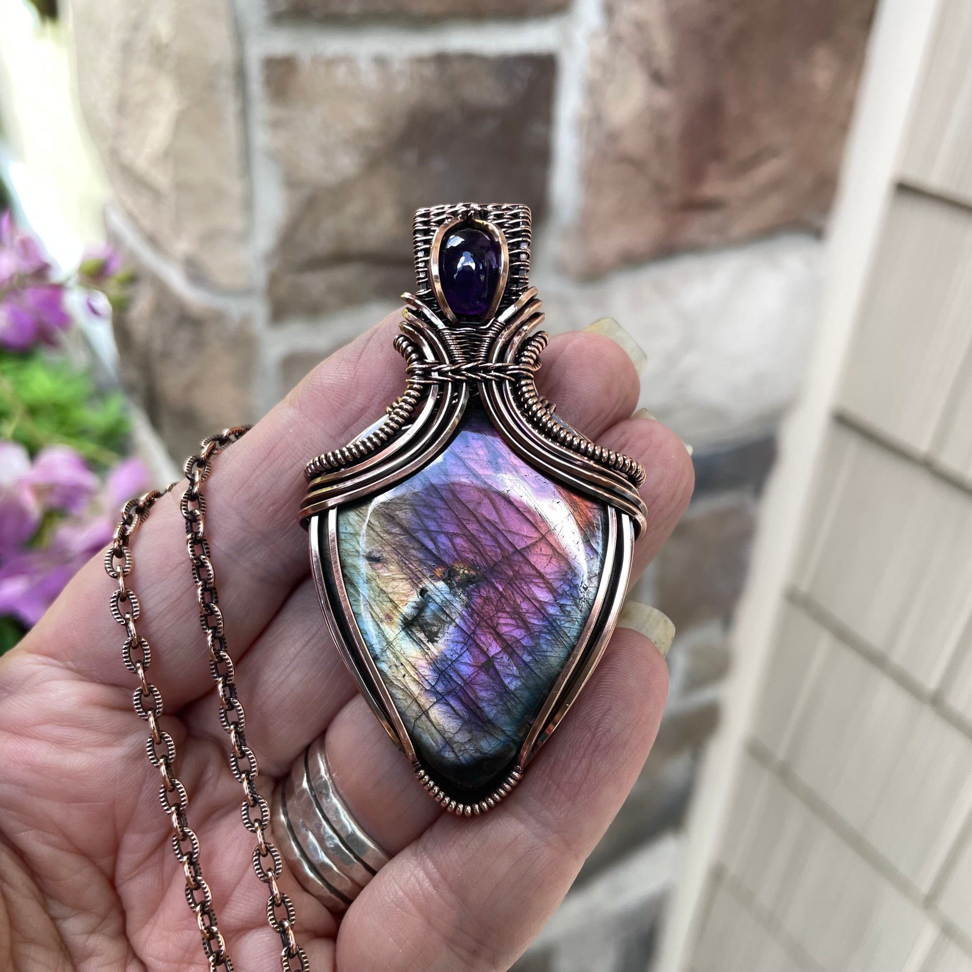 Rainbow Labradorite & Amethyst Copper Pendant