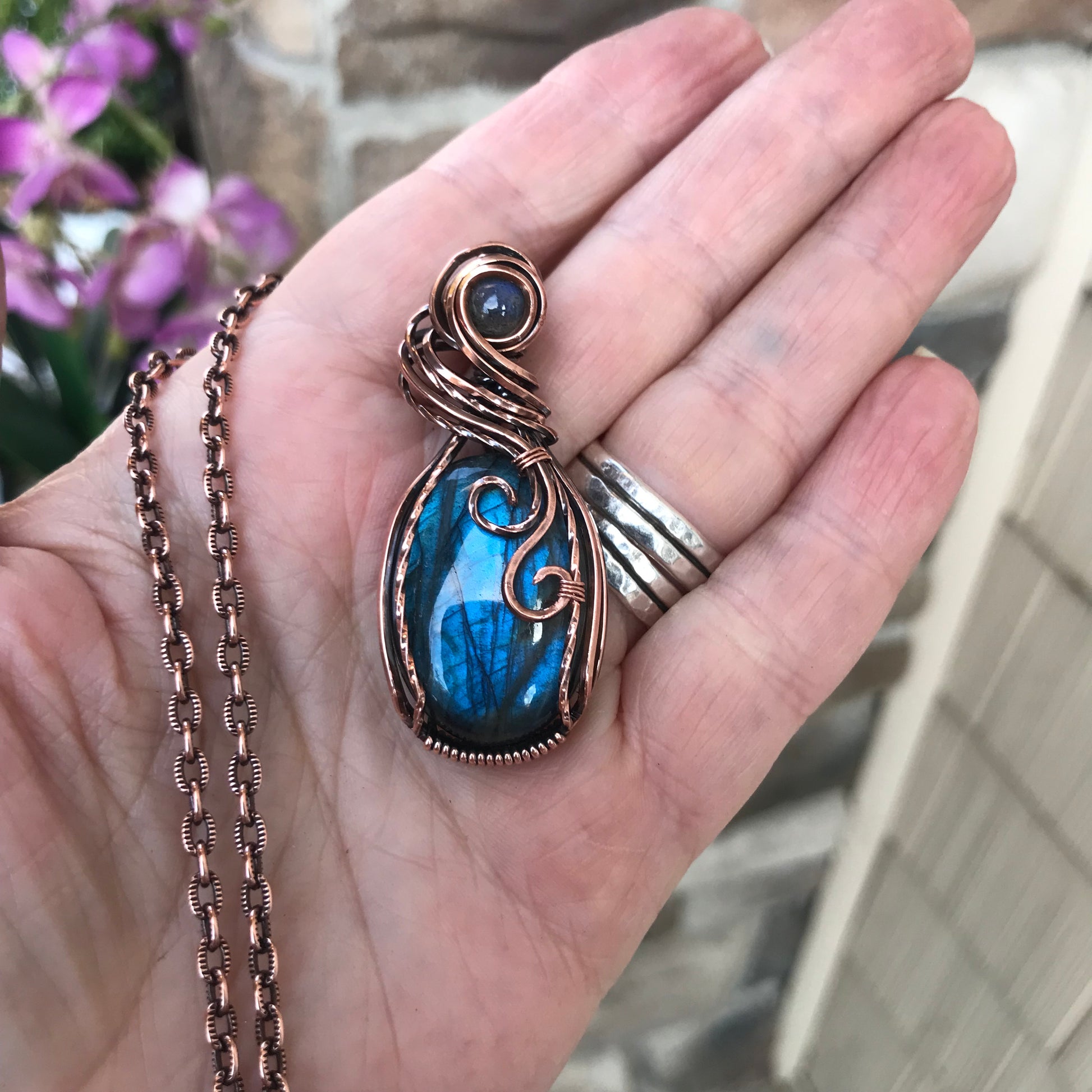 Blue Labradorite Swirly Copper Pendant