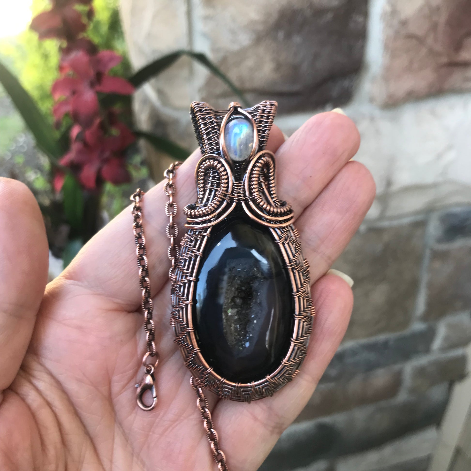 Onyx Druzy & Moonstone Woven Copper Necklace