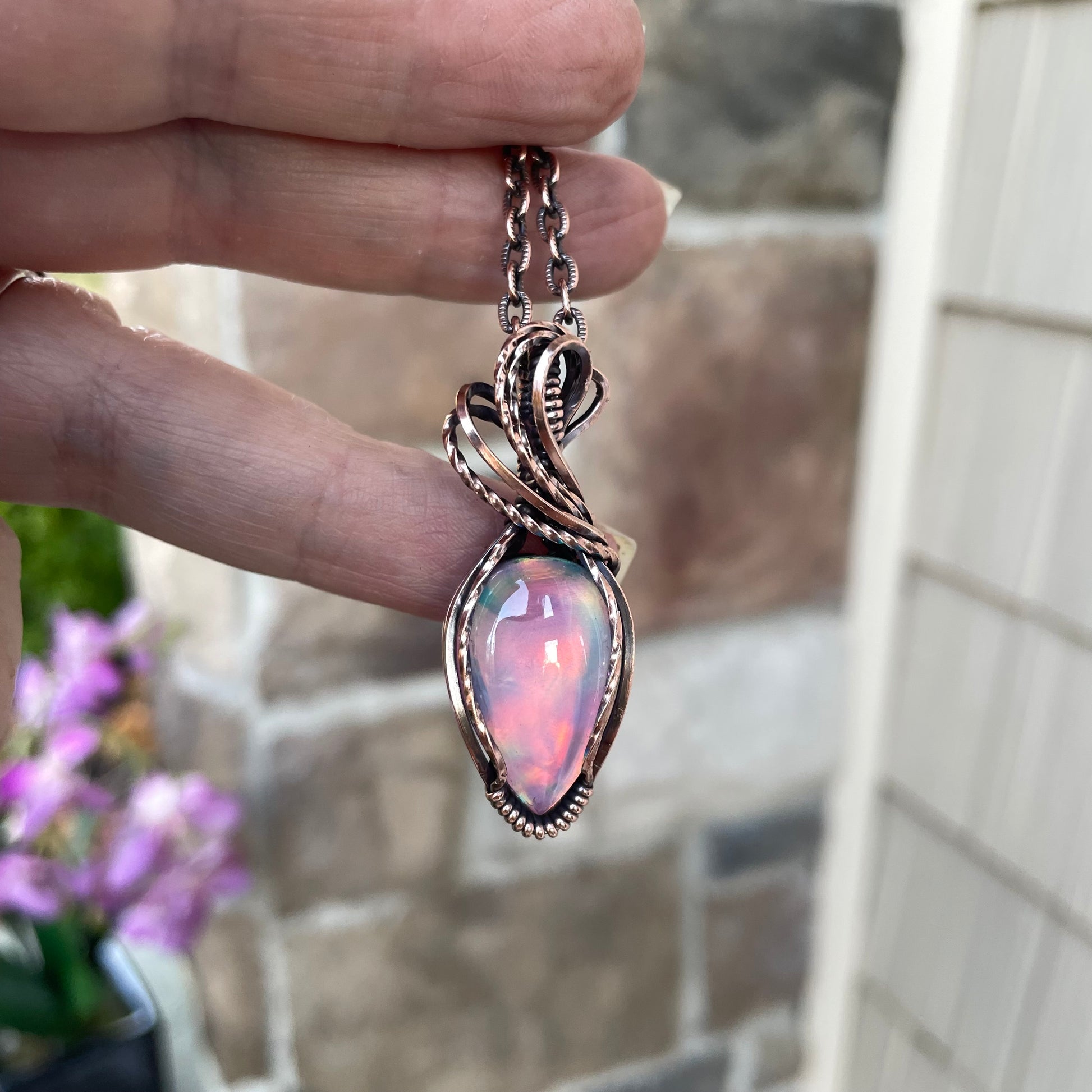 Aurora Opal Teardrop Copper Necklace
