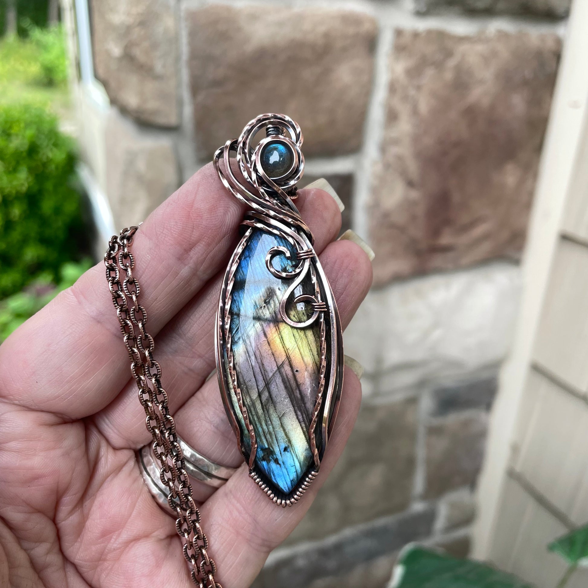 Marquis Rainbow Labradorite & Blue Labradorite Accent Copper Pendant