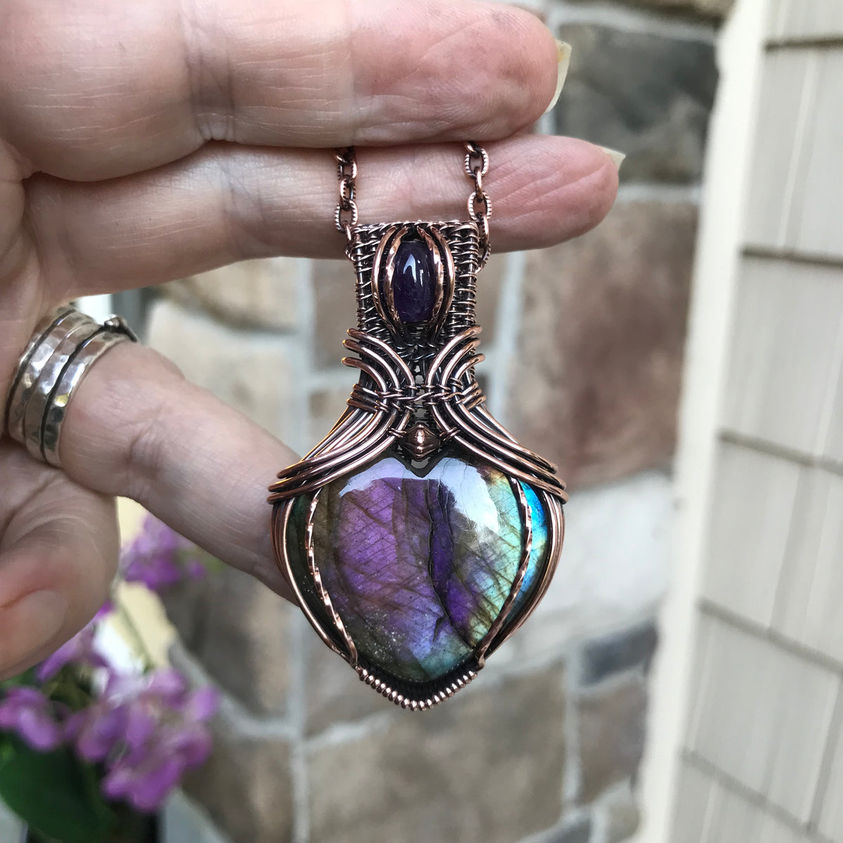 Rainbow Labradorite & Amethyst Copper Pendant