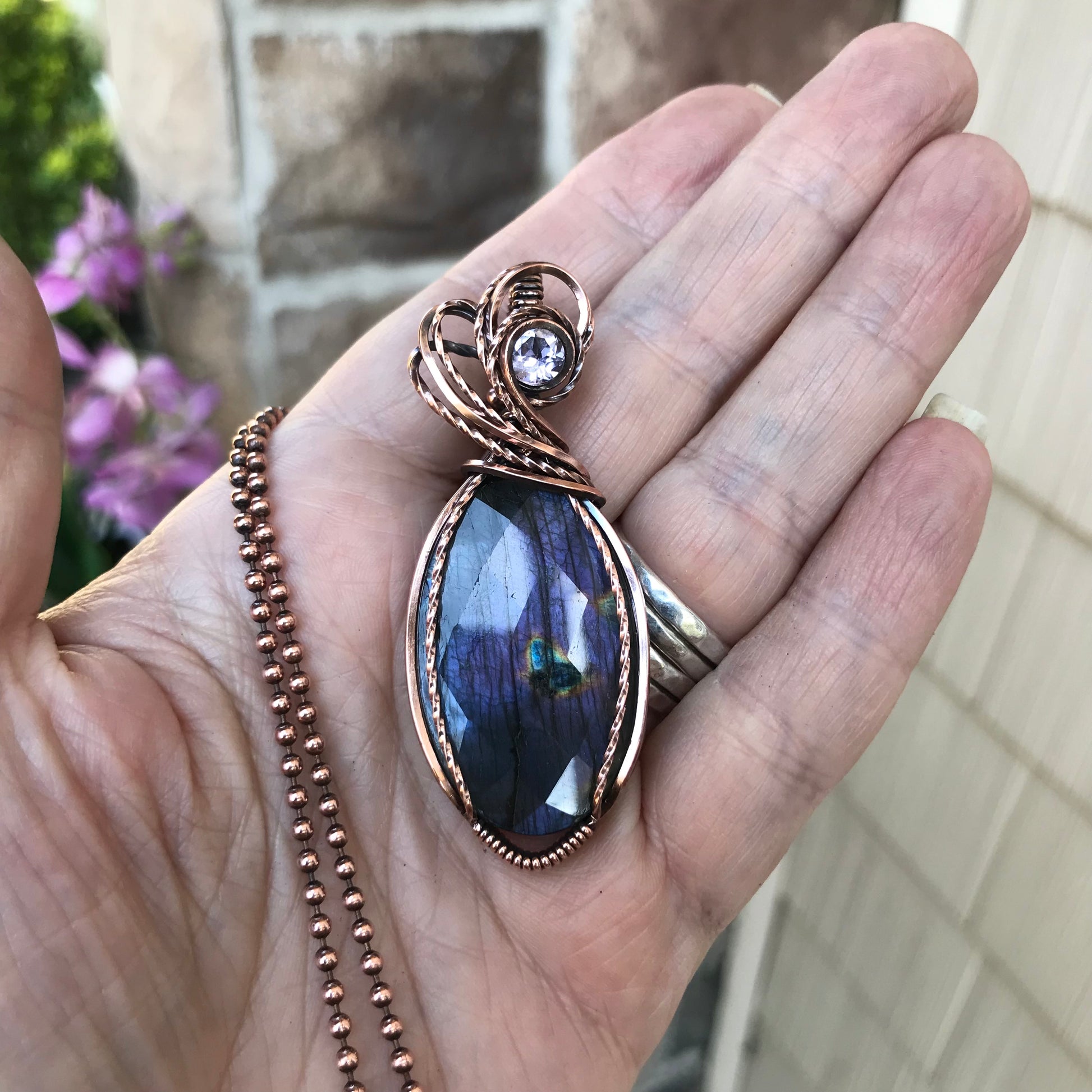 Faceted Purple Oval Labradorite & Pink Amethyst Copper Pendant