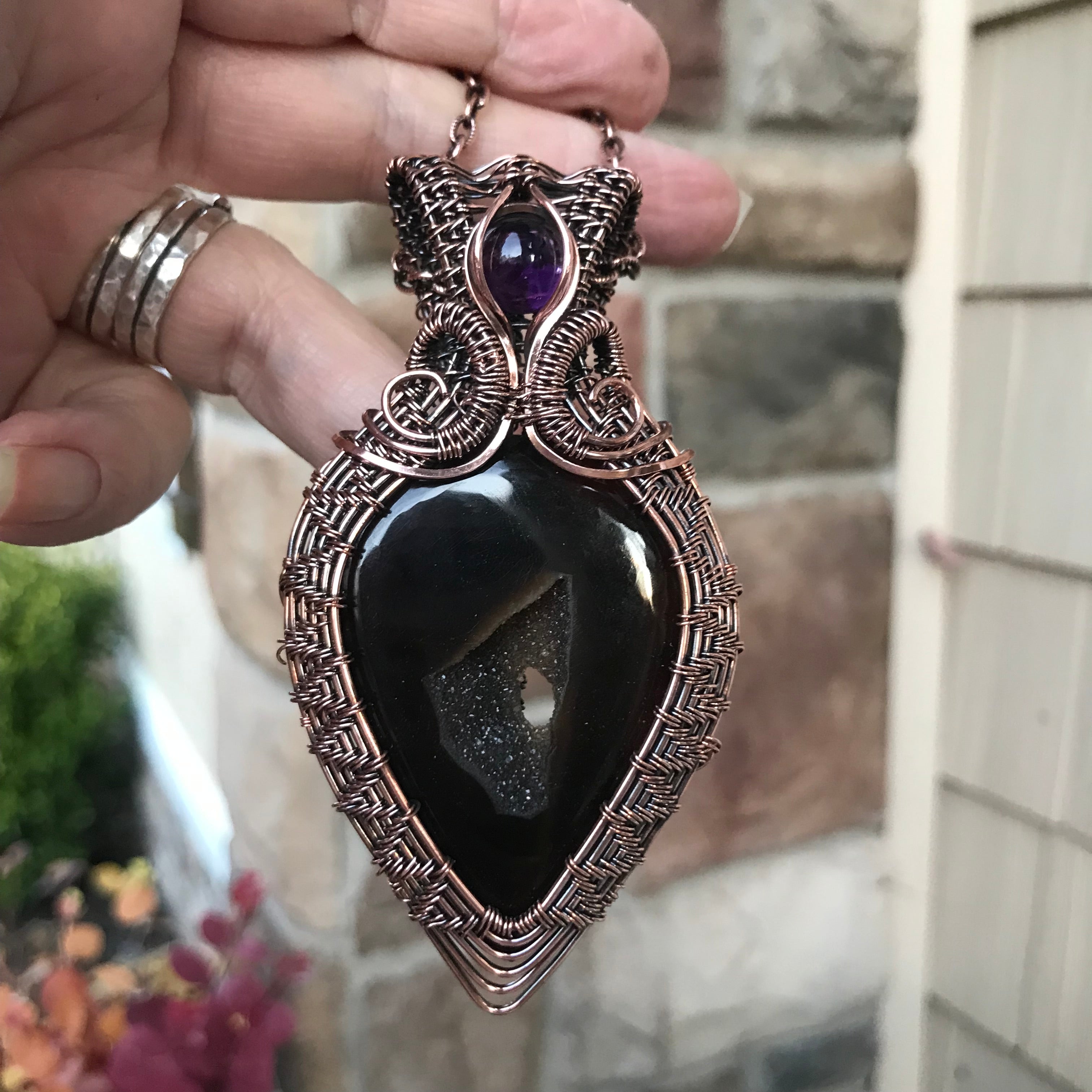 Onyx Druzy & Amethyst Woven Copper Necklace