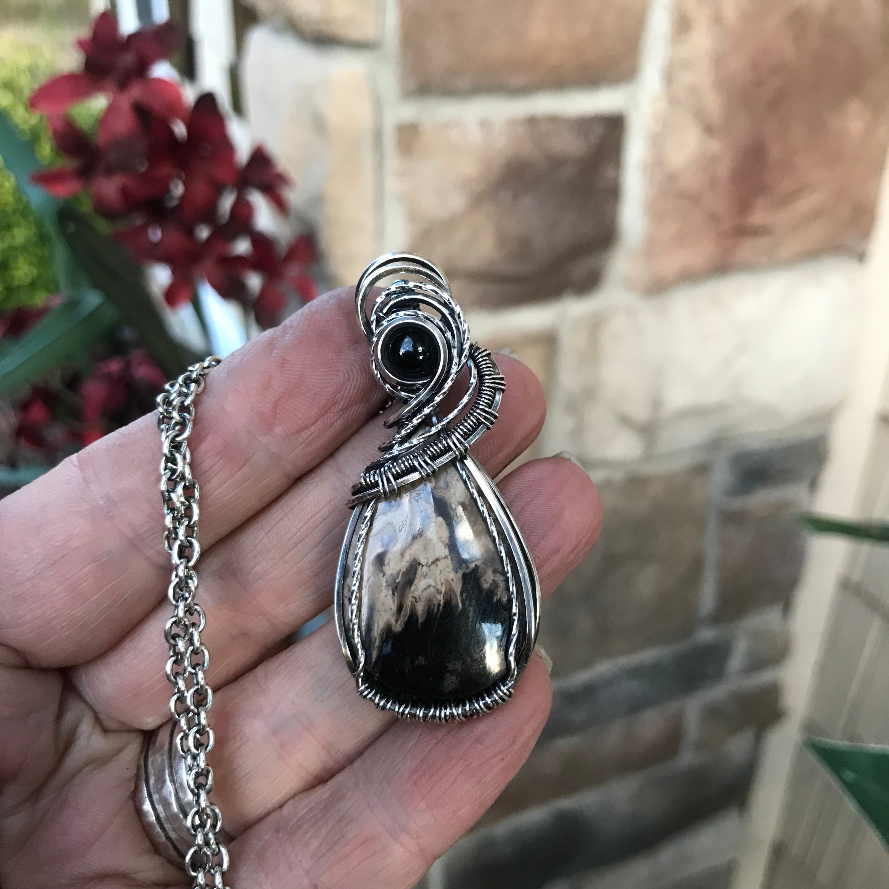 CUSTOM LISTING - Petrified Palm Wood & Black Onyx Silver Pendant