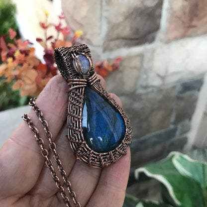 Blue Labradorite & Moonstone Copper Wire Weave Necklace
