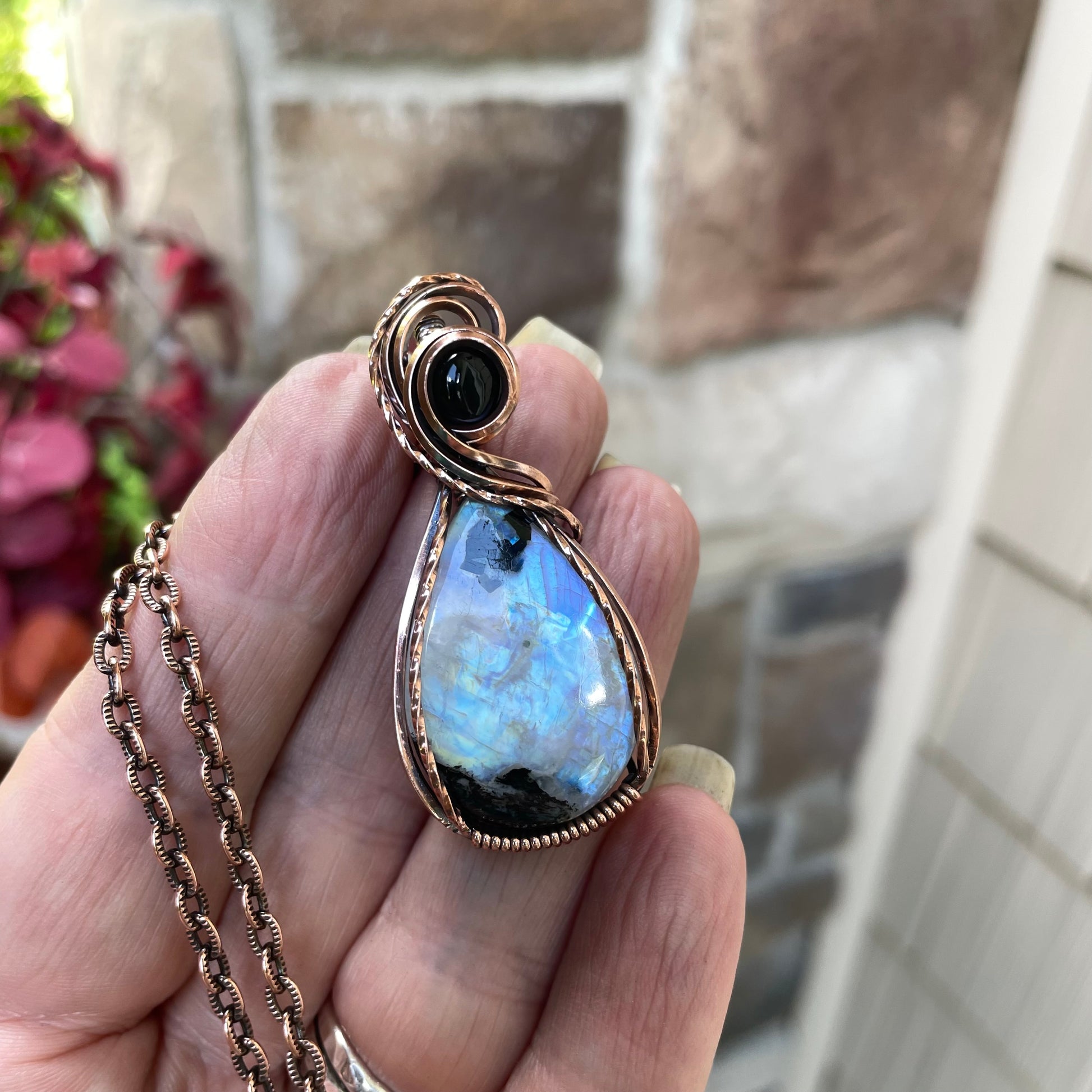 Moonstone & Black Onyx Copper Pendant