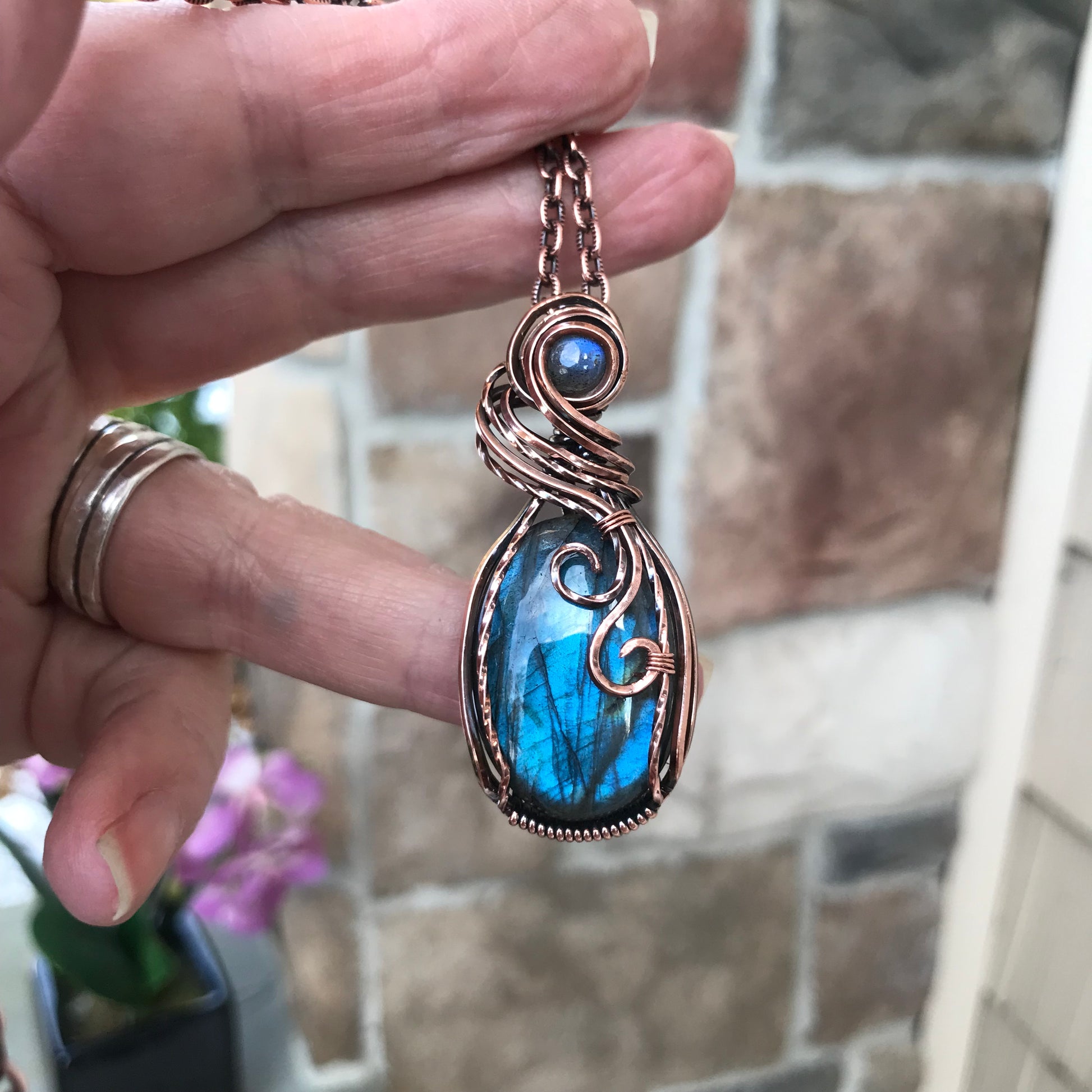 Blue Labradorite Swirly Copper Pendant